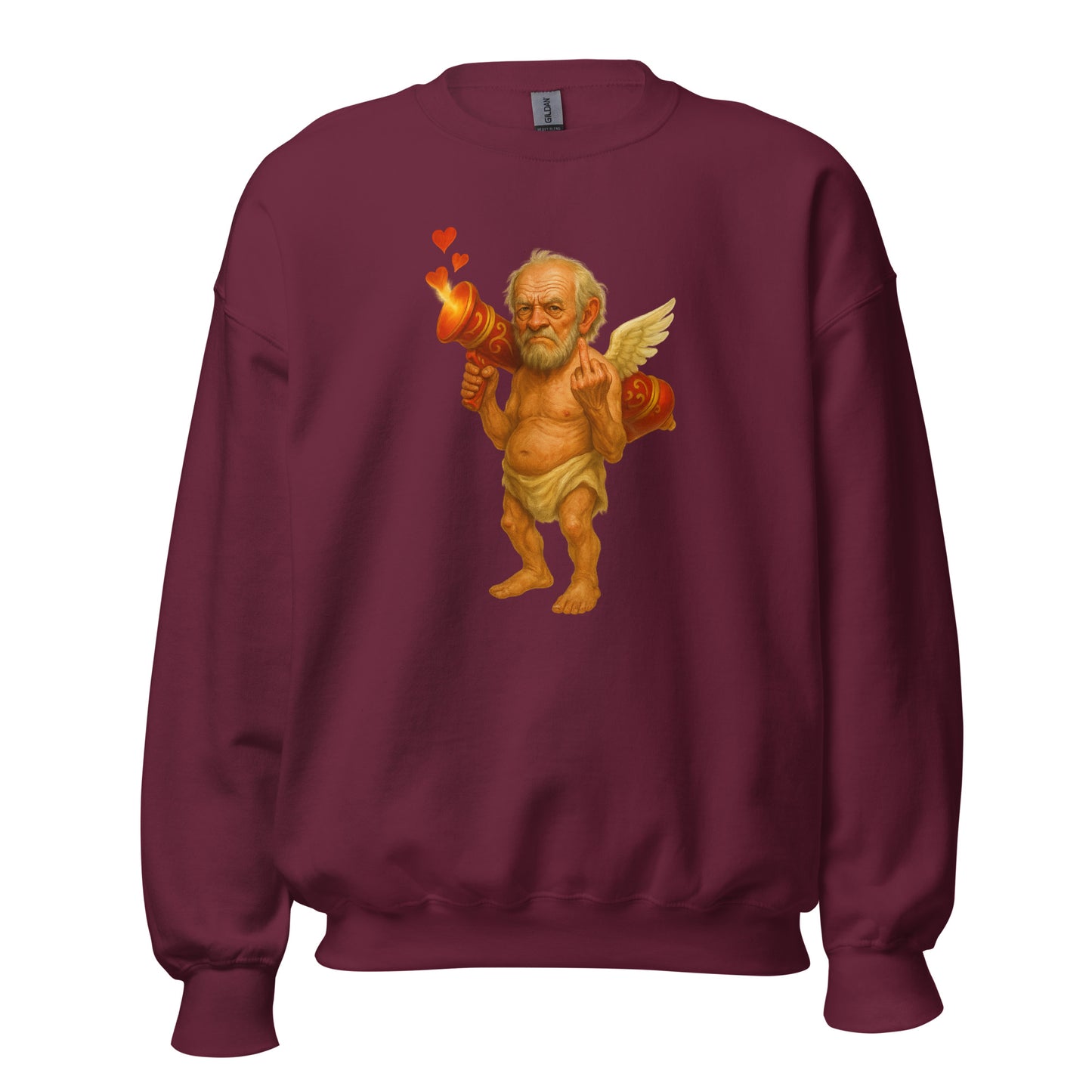 Maroon unisex sweatshirt with a graphic of cupid flipping the bird – Boozie Adams