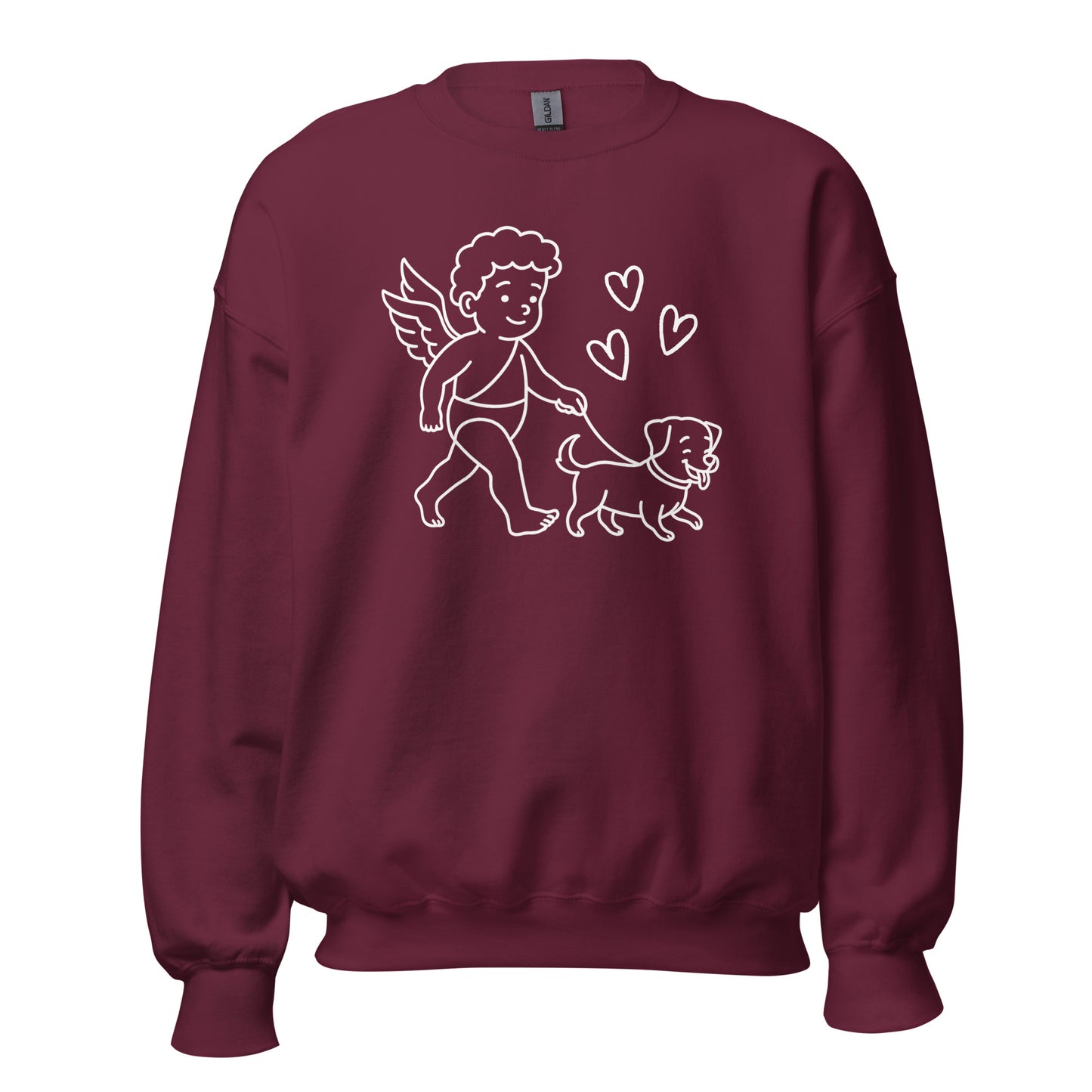 Maroon sweatshirt with a white graphic of a cupid walking a dog – Boozie Adams