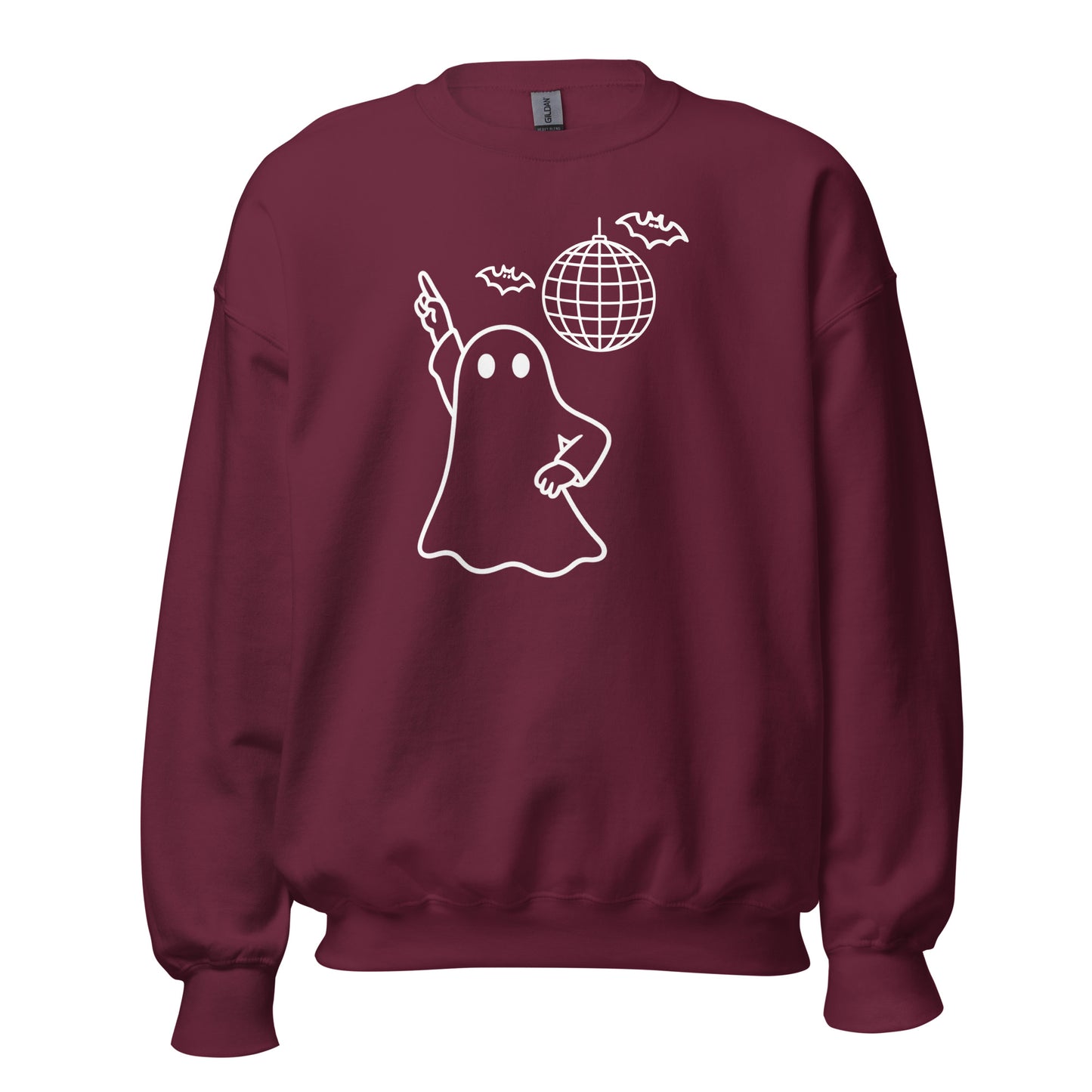 Maroon unisex sweatshirt with a white graphic of a ghost and disco ball – Boozie Adams