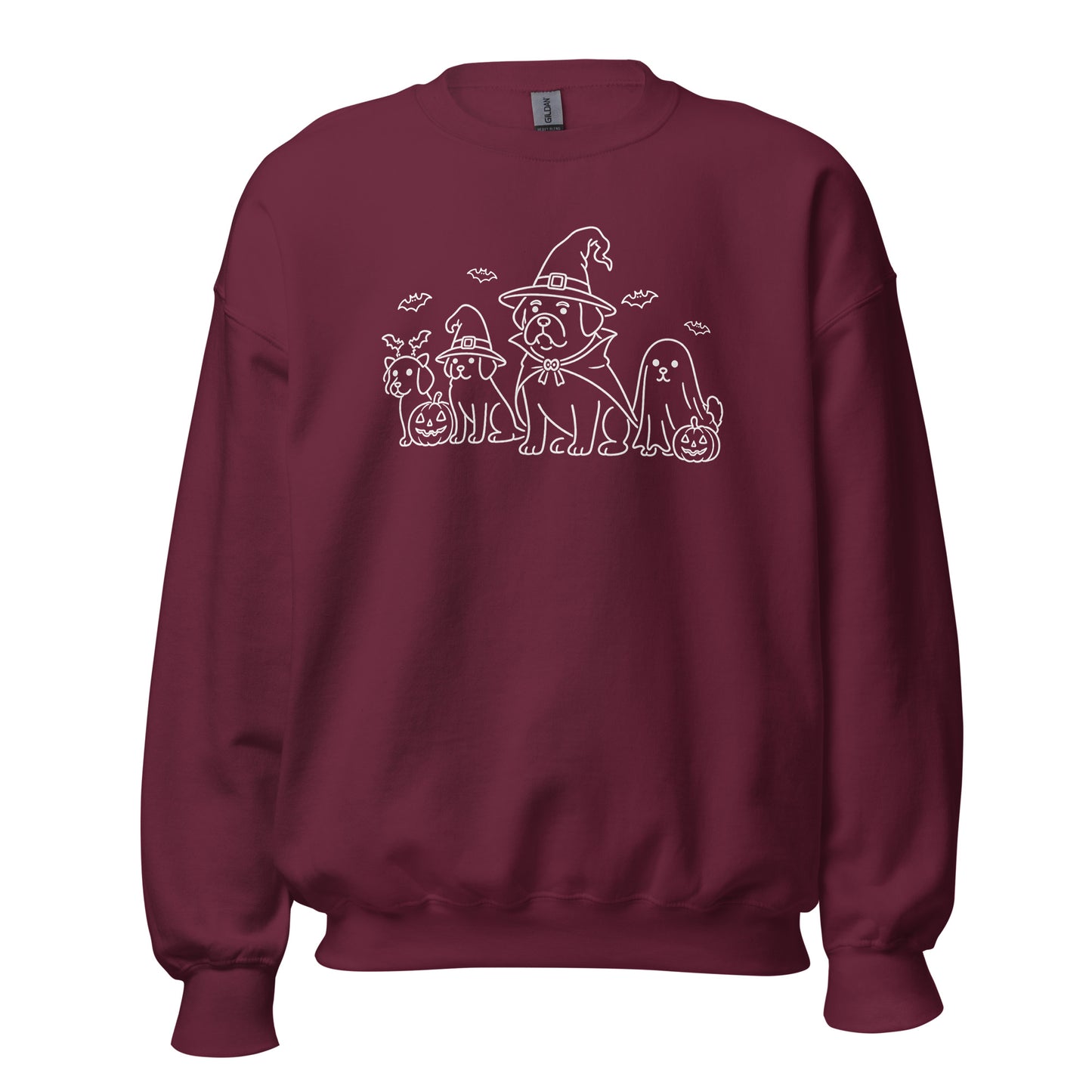 Maroon unisex sweatshirt with white graphic of dogs in halloween costumes – Boozie Adams