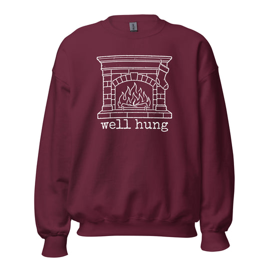 Maroon unisex sweatshirt with image of stocking hanging from fireplace and text 'well hung' – Boozie Adams