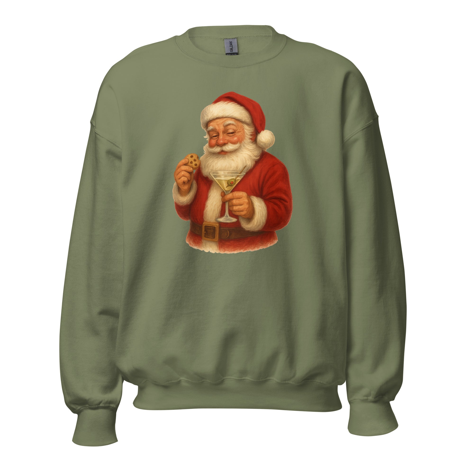 Military green sweatshirt with a graphic of Santa Claus holding a martini glass and cookie – Boozie Adams