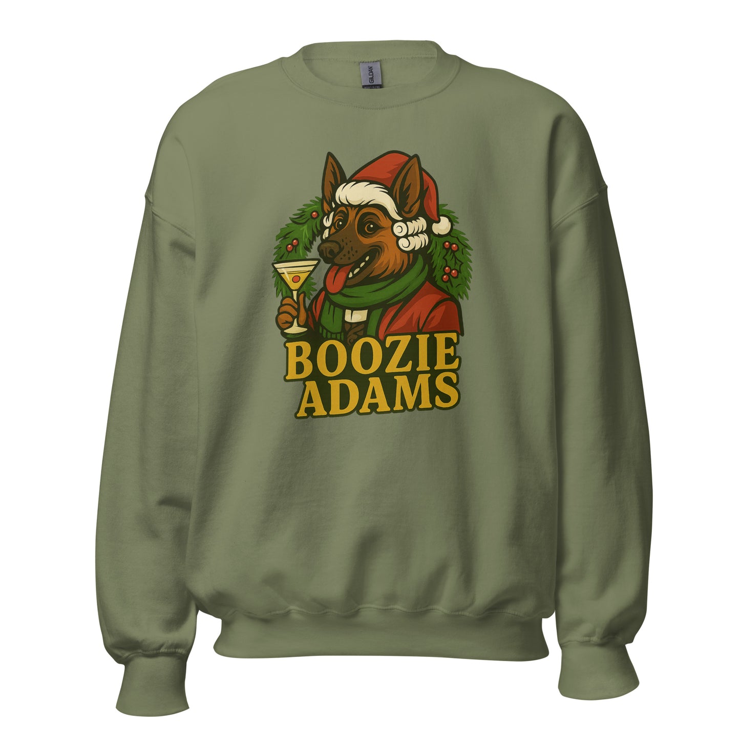 Military Green sweatshirt with Boozie Adams wearing a Santa hat and 'Boozie Adams' text – Boozie Adams