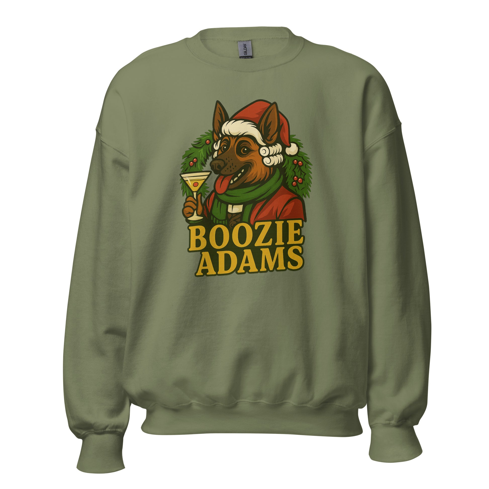 Military Green sweatshirt with Boozie Adams wearing a Santa hat and 'Boozie Adams' text – Boozie Adams