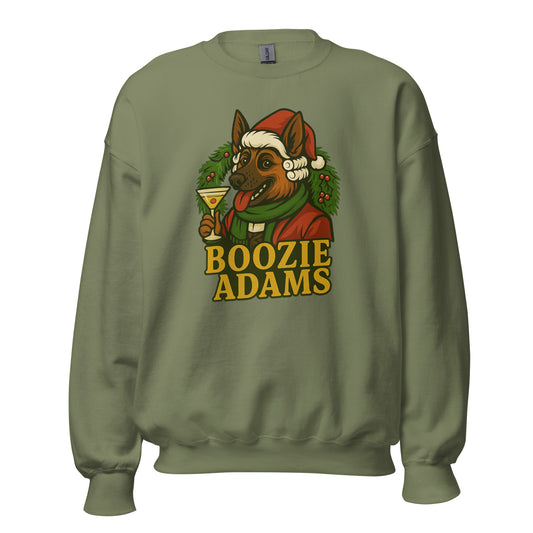 Military Green sweatshirt with Boozie Adams wearing a Santa hat and 'Boozie Adams' text – Boozie Adams