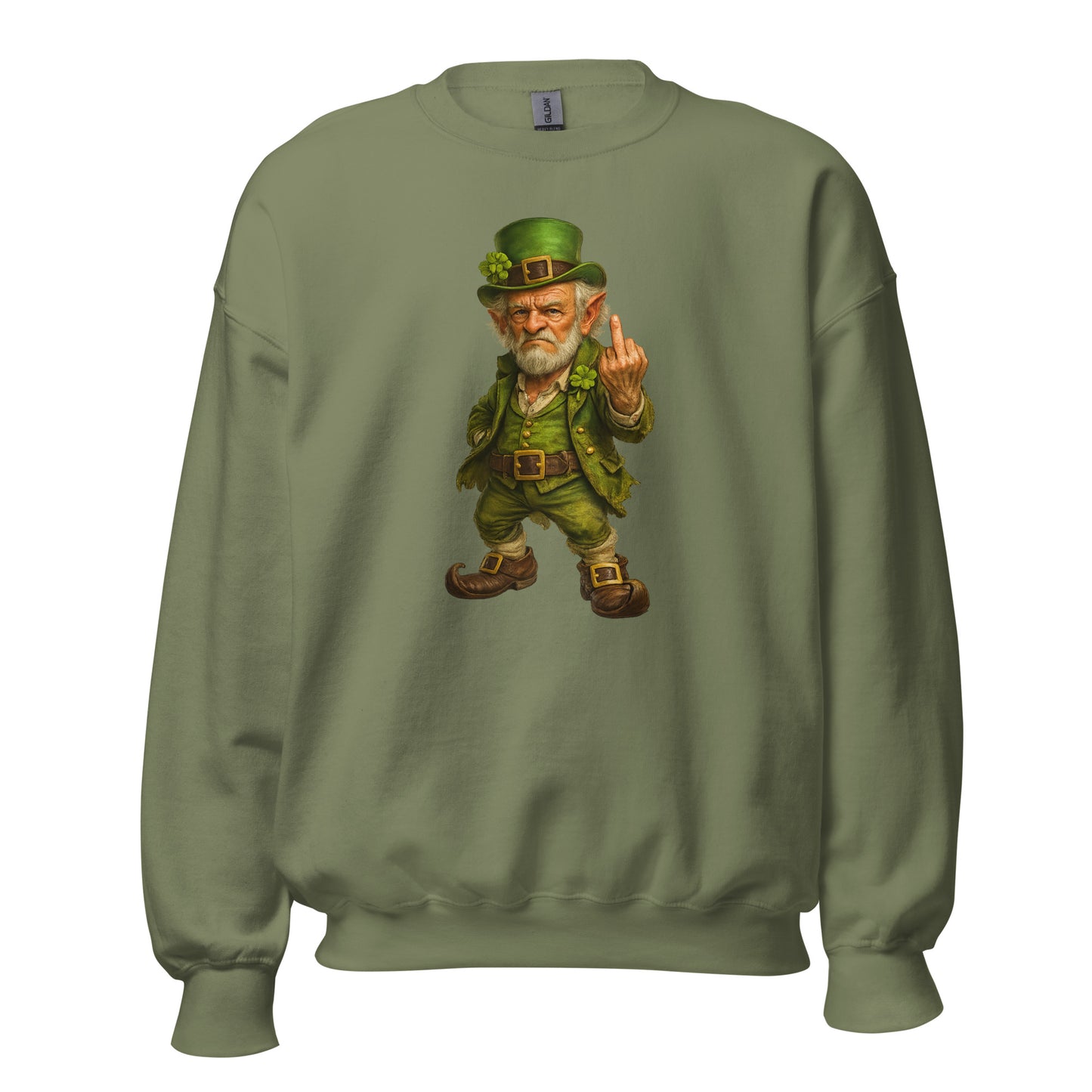 Military green unisex sweatshirt with a graphic of a leprechaun giving a middle finger – Boozie Adams