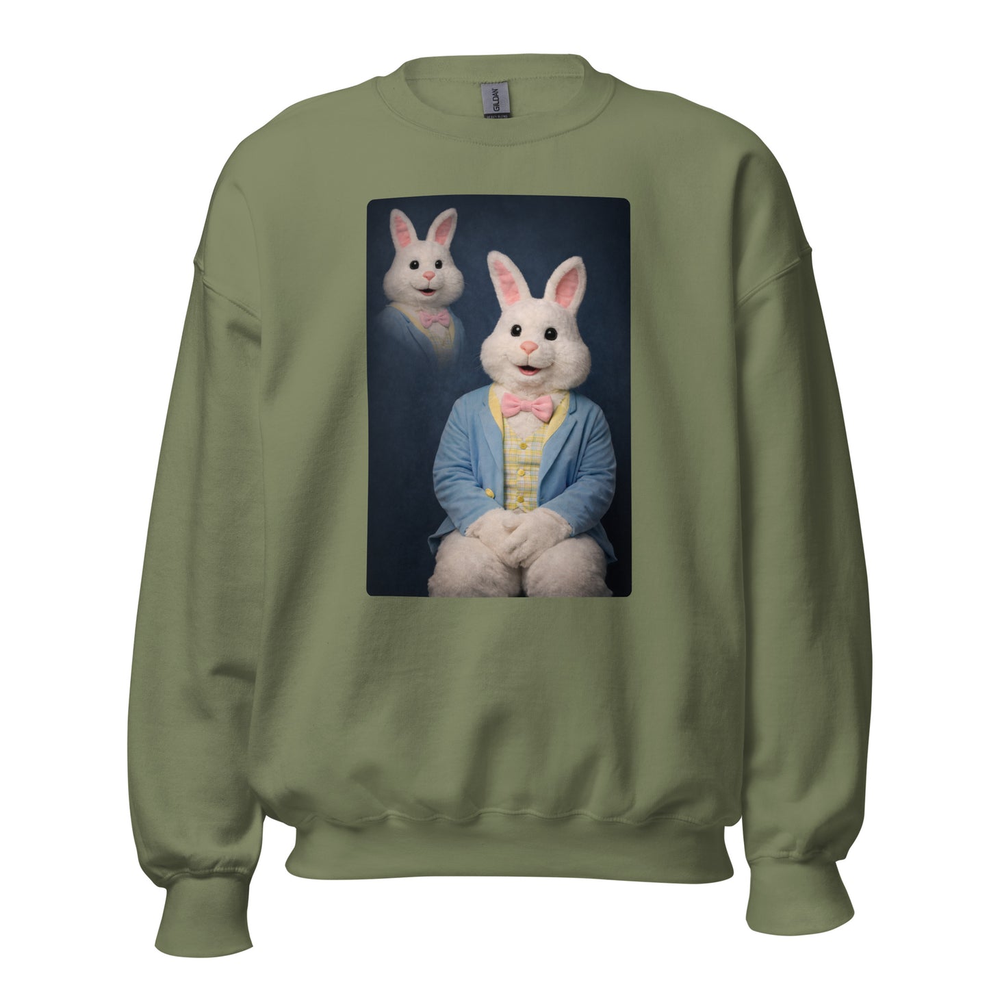 Green unisex sweatshirt with a graphic of a rabbit character and a second bunny head – Boozie Adams