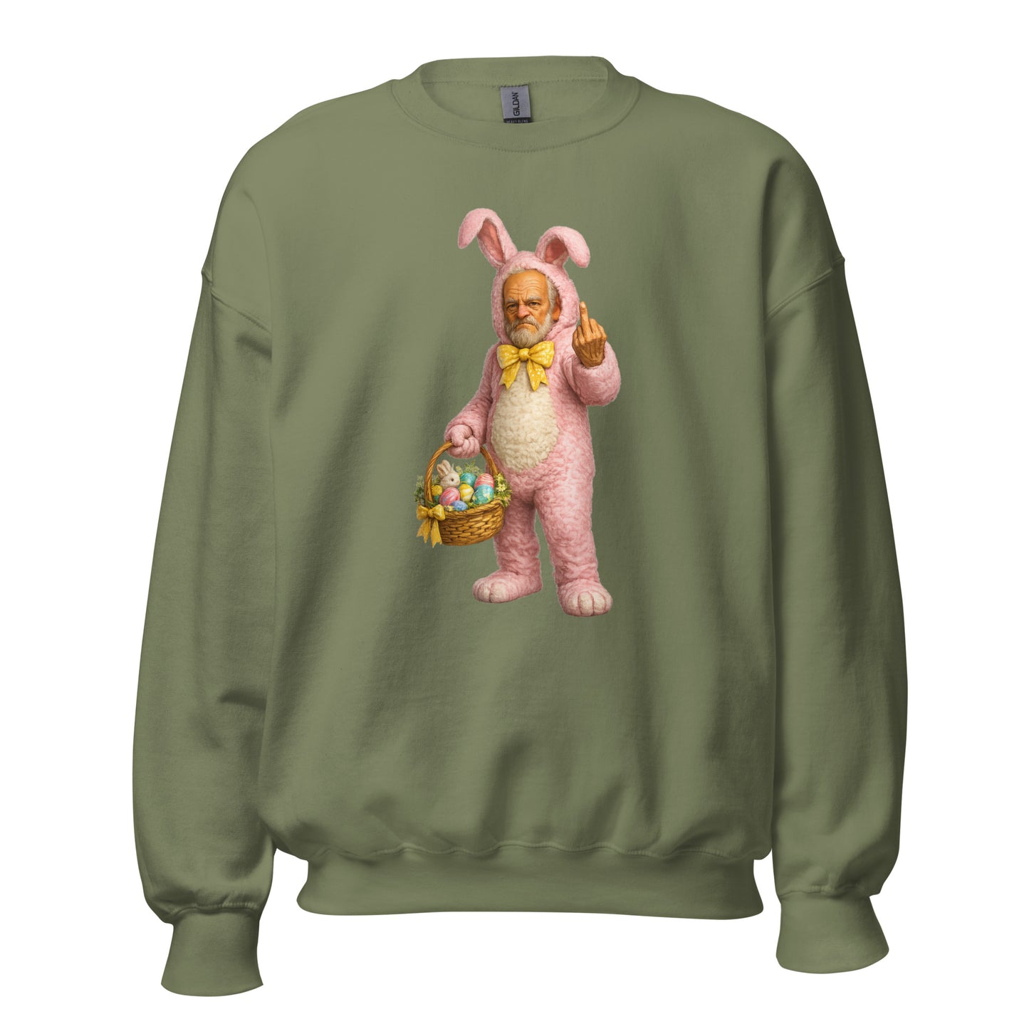 Green unisex sweatshirt with a graphic of a person in a pink bunny costume holding a basket and flipping the bird – Boozie Adams