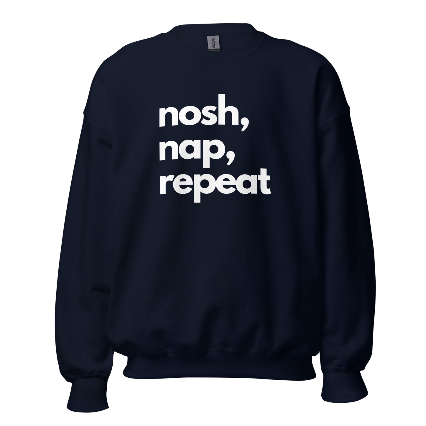 Navy blue sweatshirt with 'nosh, nap, repeat' text in a white – Boozie Adams