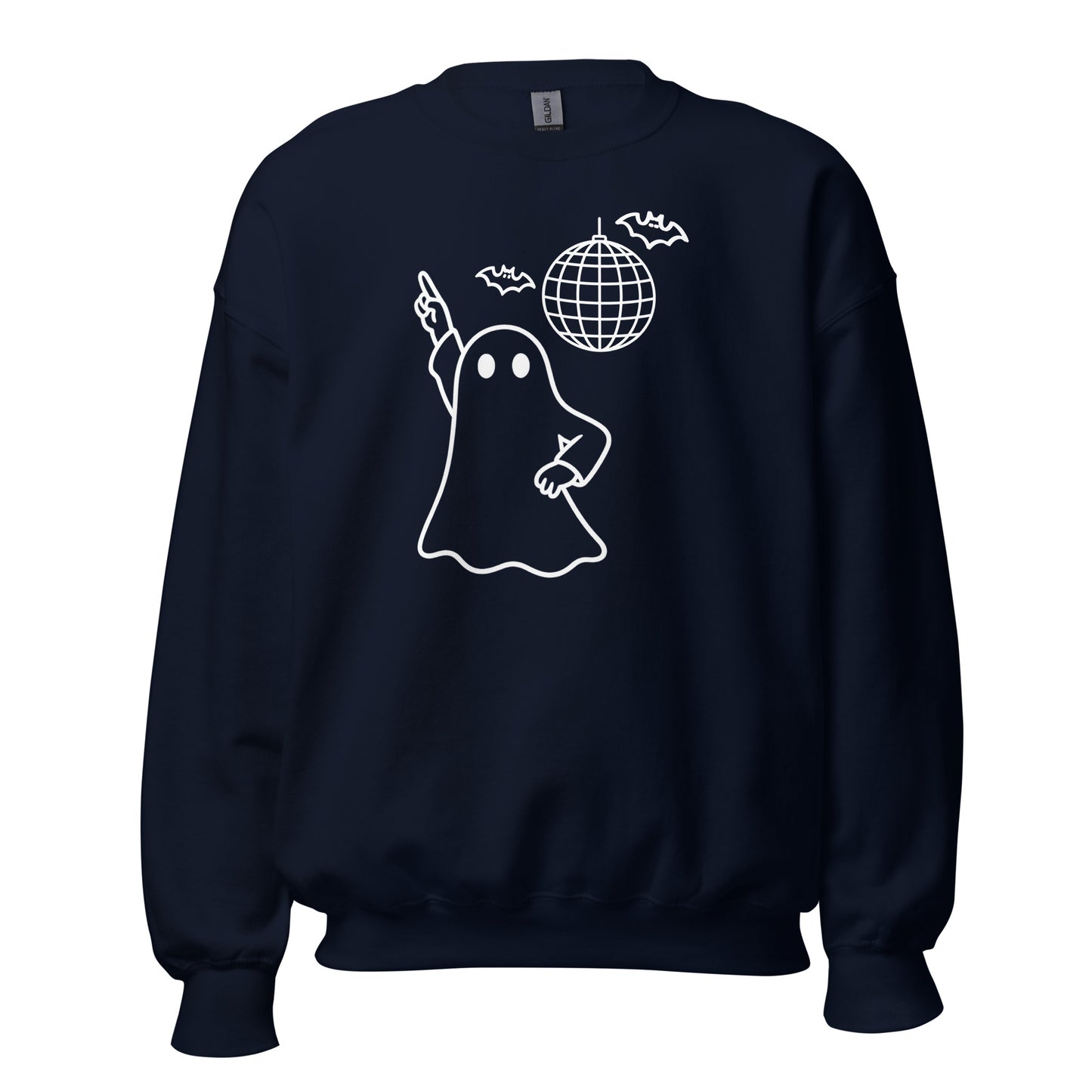 Navy unisex sweatshirt with a white graphic of a ghost and disco ball – Boozie Adams