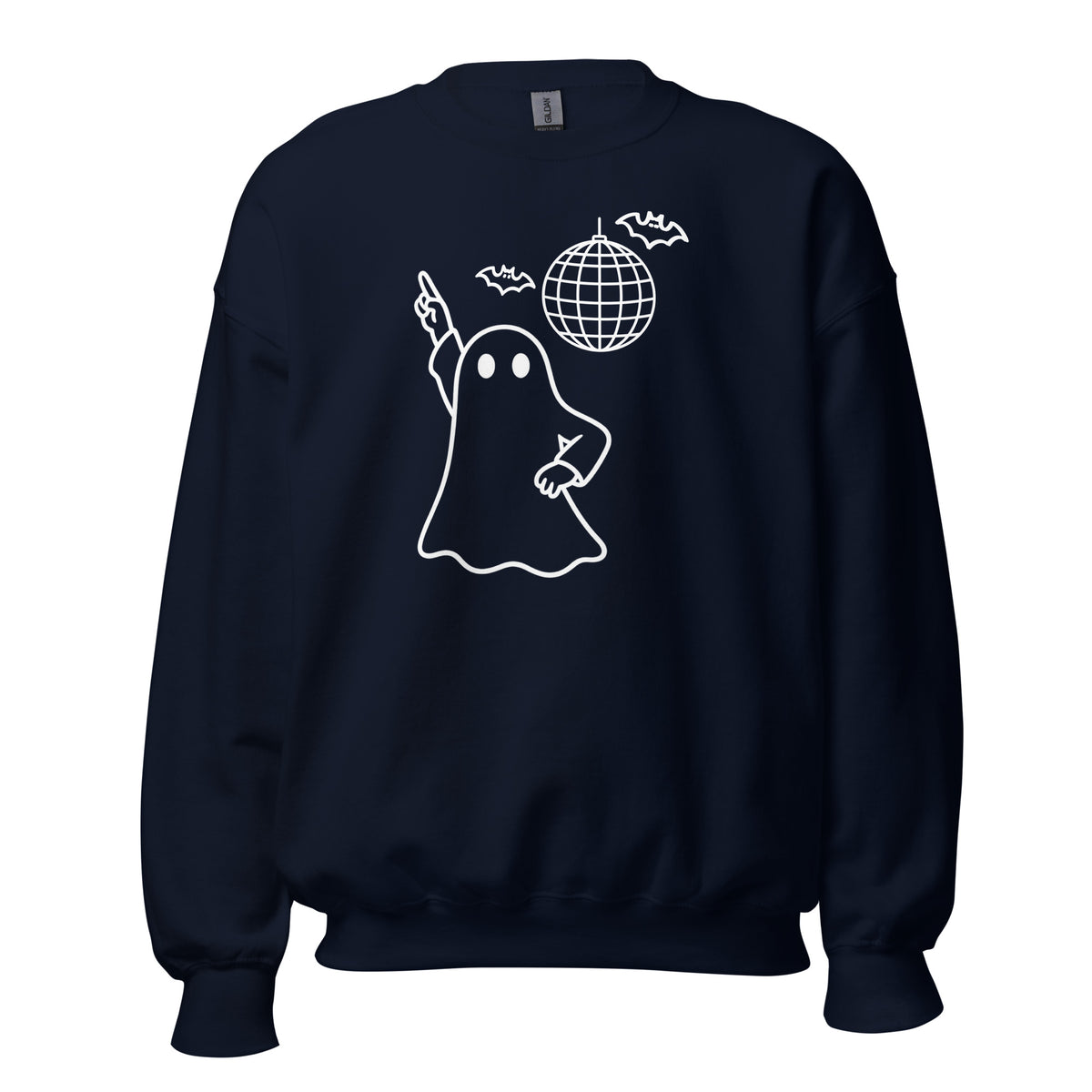 Navy unisex sweatshirt with a white graphic of a ghost and disco ball – Boozie Adams