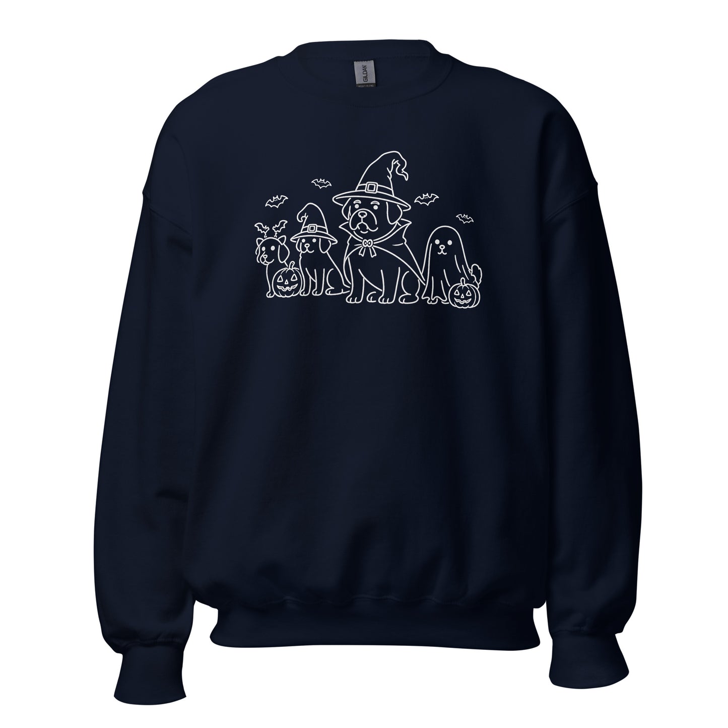 Navy unisex sweatshirt with white graphic of dogs in halloween costumes – Boozie Adams