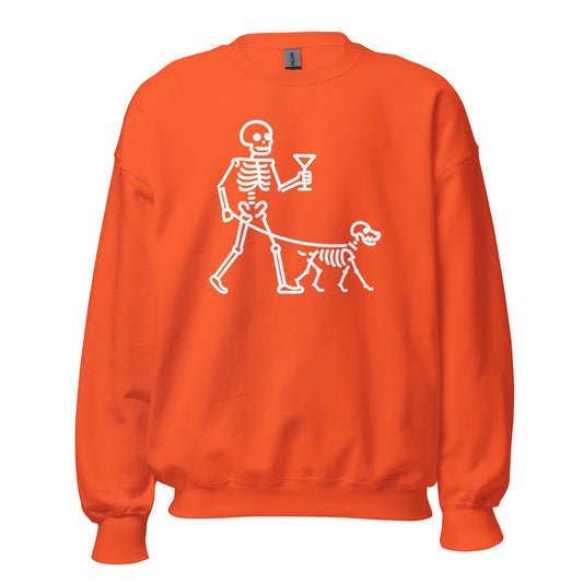 Orange unisex sweatshirt with graphic of skeleton holding a martini while walking a skeleton dog – Boozie Adams