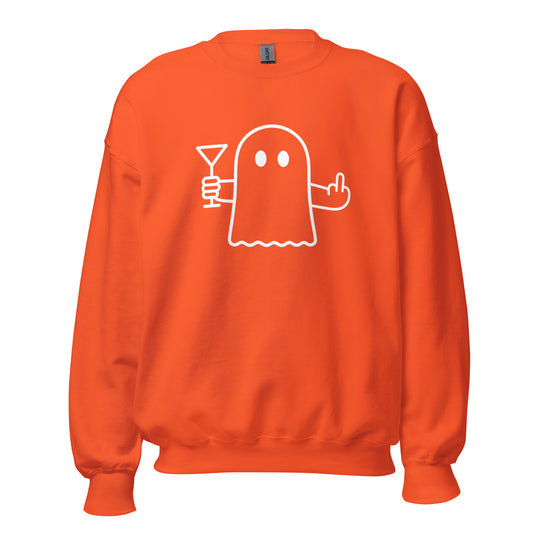 Orange unisex sweatshirt with graphic of a ghost holding a martini and flipping the bird – Boozie Adams