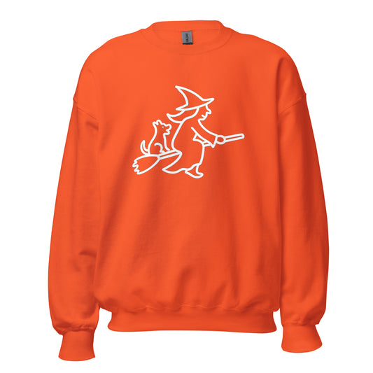 Orange unisex sweatshirt with a white witch and dog on a broom graphic – Boozie Adams