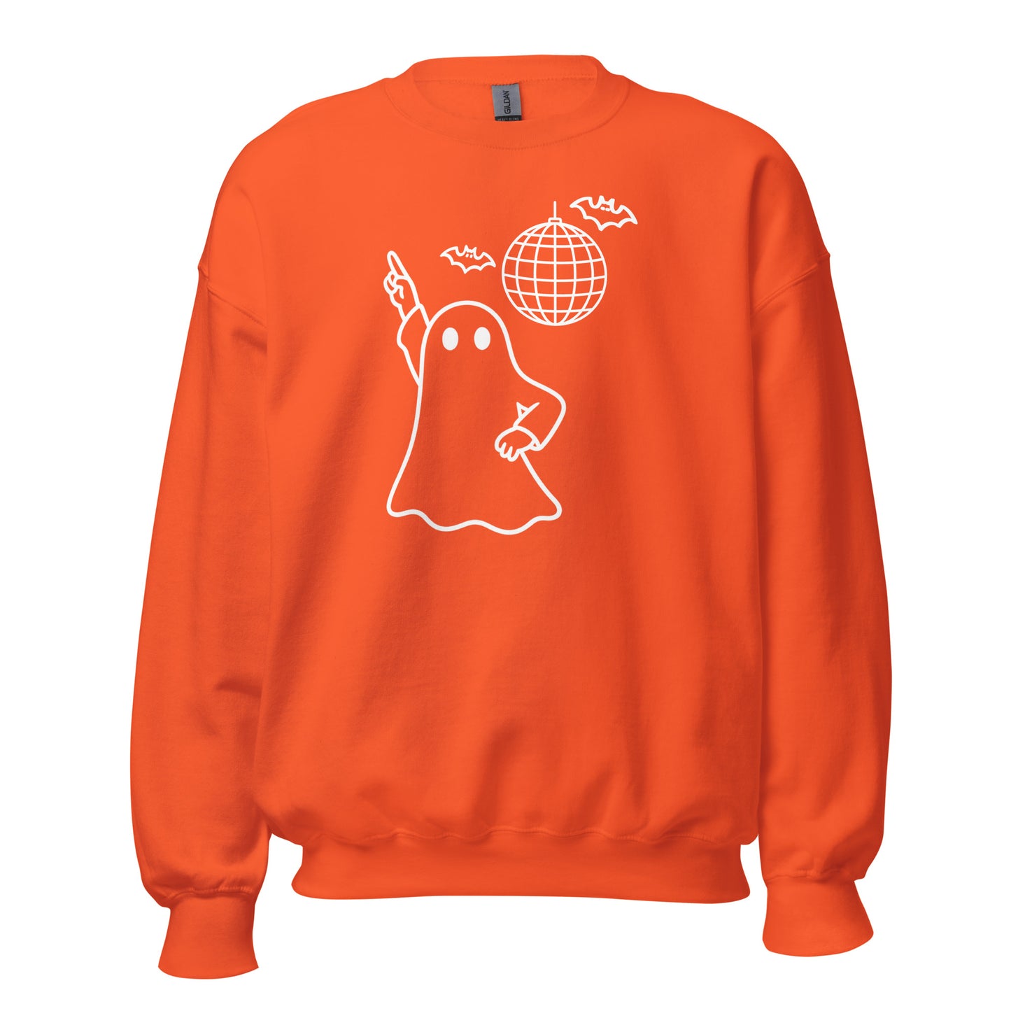 Orange unisex sweatshirt with a white graphic of a ghost and disco ball – Boozie Adams