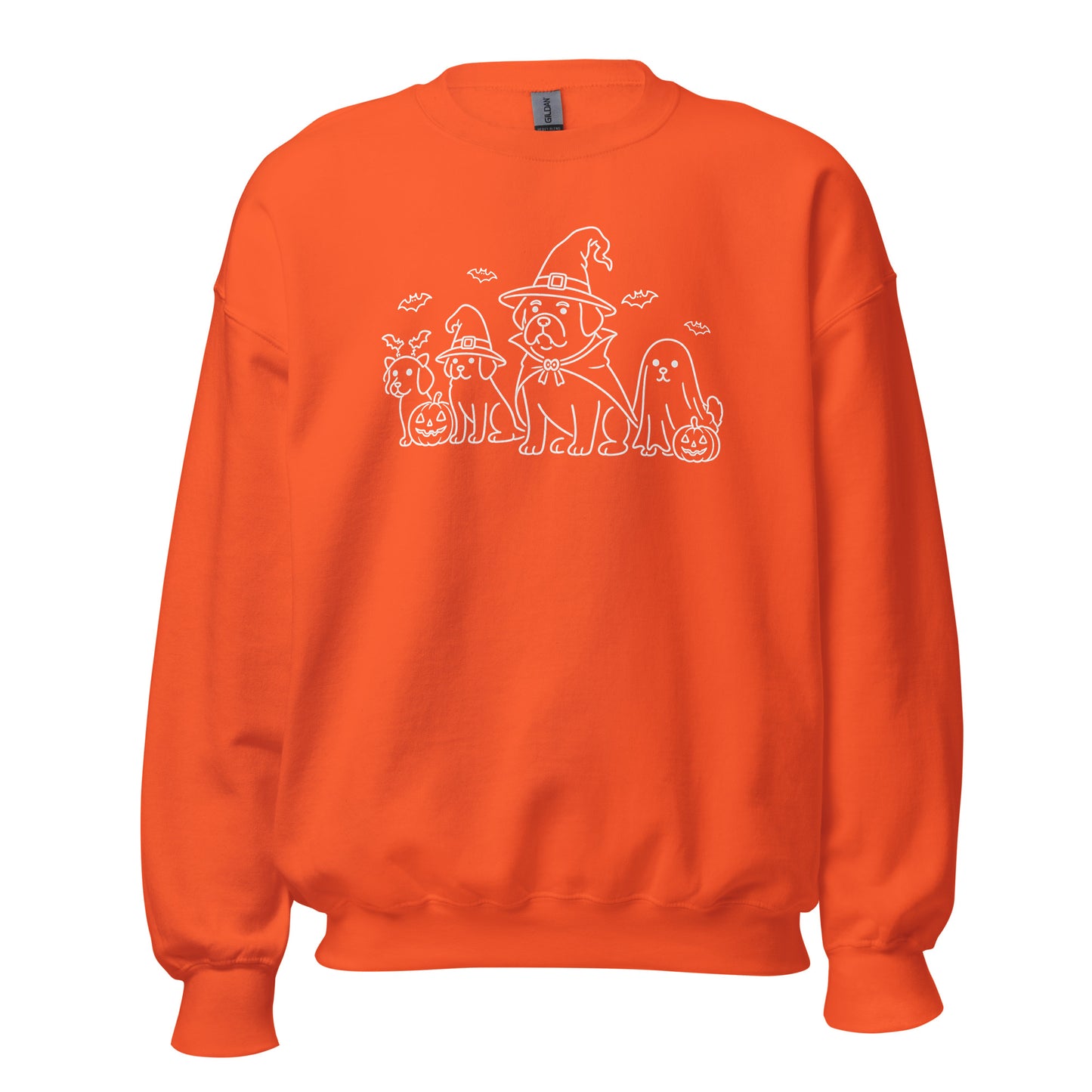 Orange unisex sweatshirt with white graphic of dogs in halloween costumes – Boozie Adams