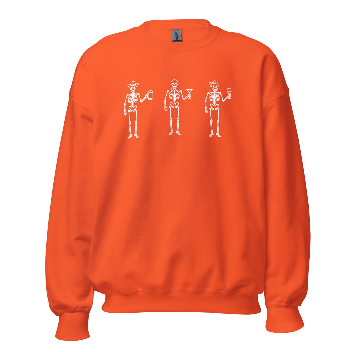 Orange unisex sweatshirt with 3 skeletons each holding a beer, martini and wine glass – Boozie Adams