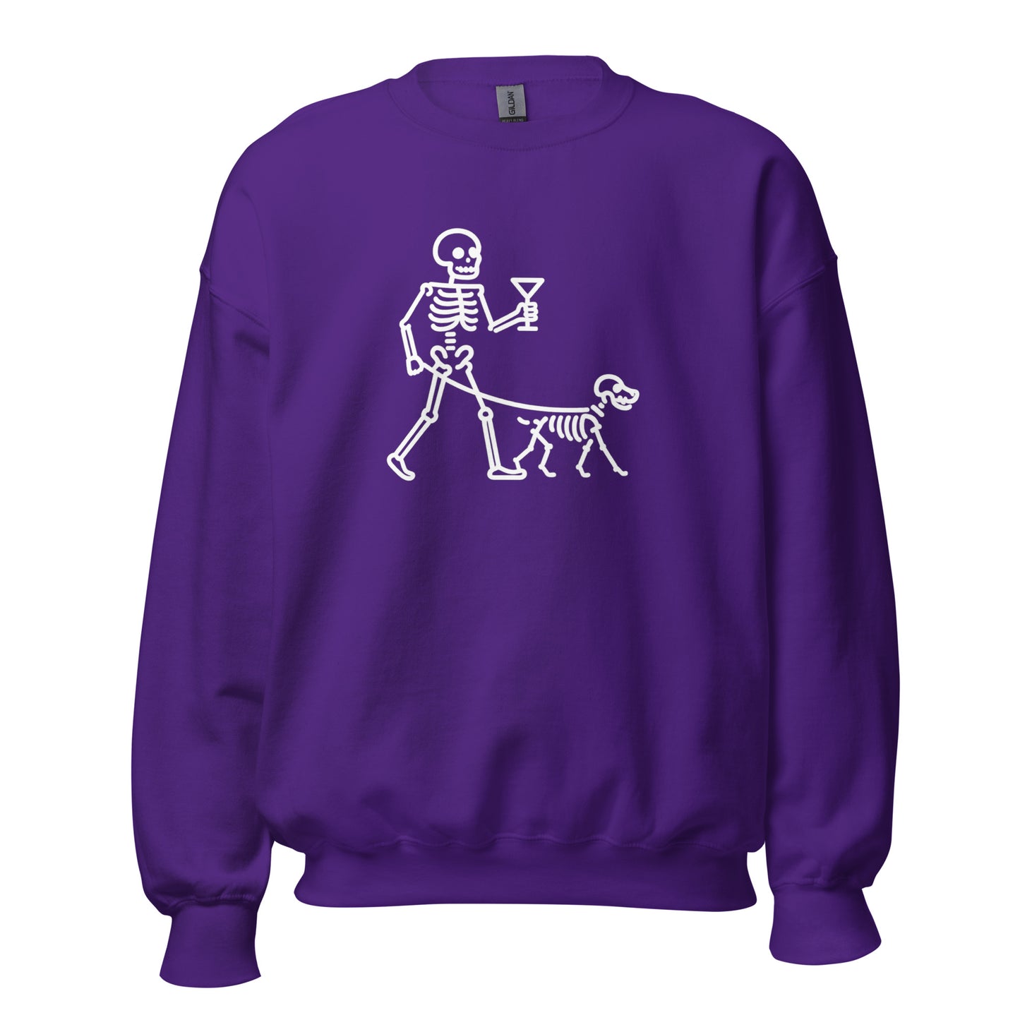 Purple unisex sweatshirt with a skeleton walking a dog holding a martini graphic in white – Boozie Adams