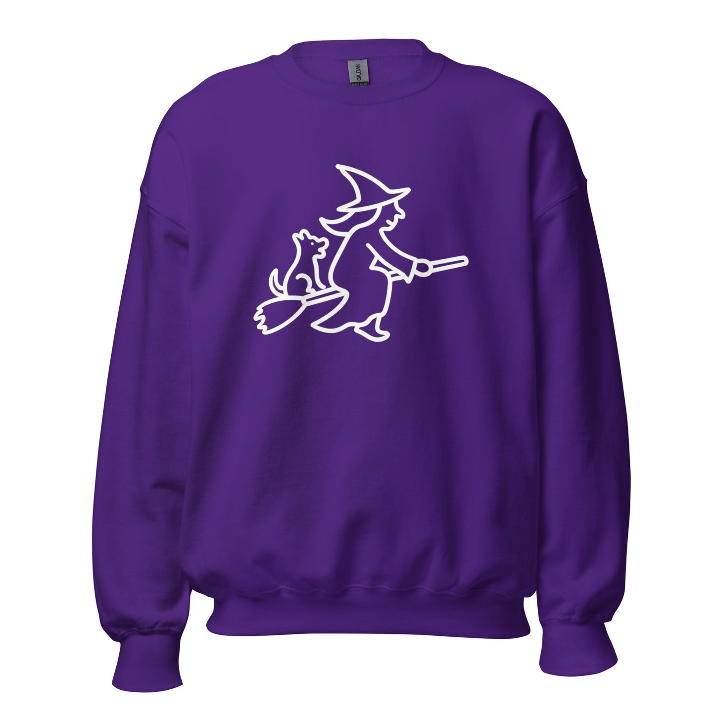 Purple unisex sweatshirt with a white witch and dog on a broom graphic – Boozie Adams