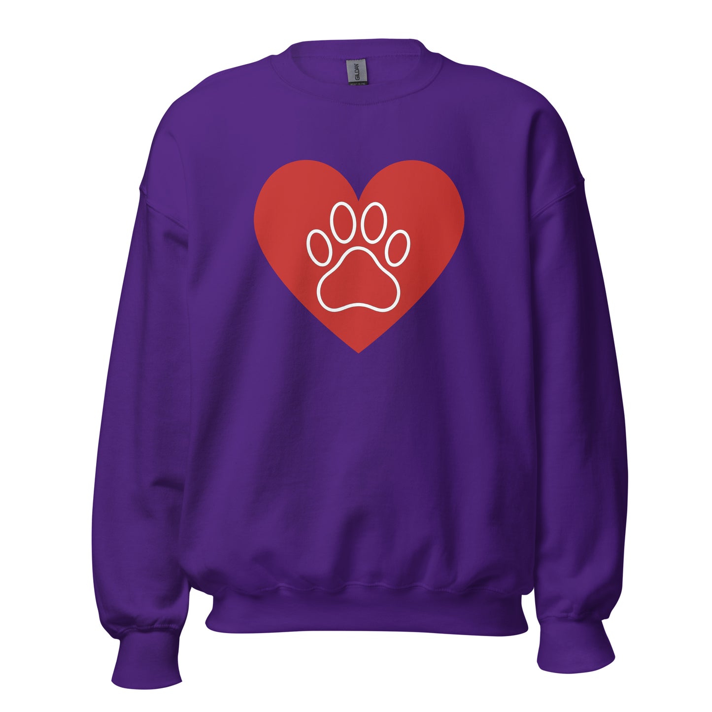 Purple sweatshirt with a red heart and white paw print – Boozie Adams
