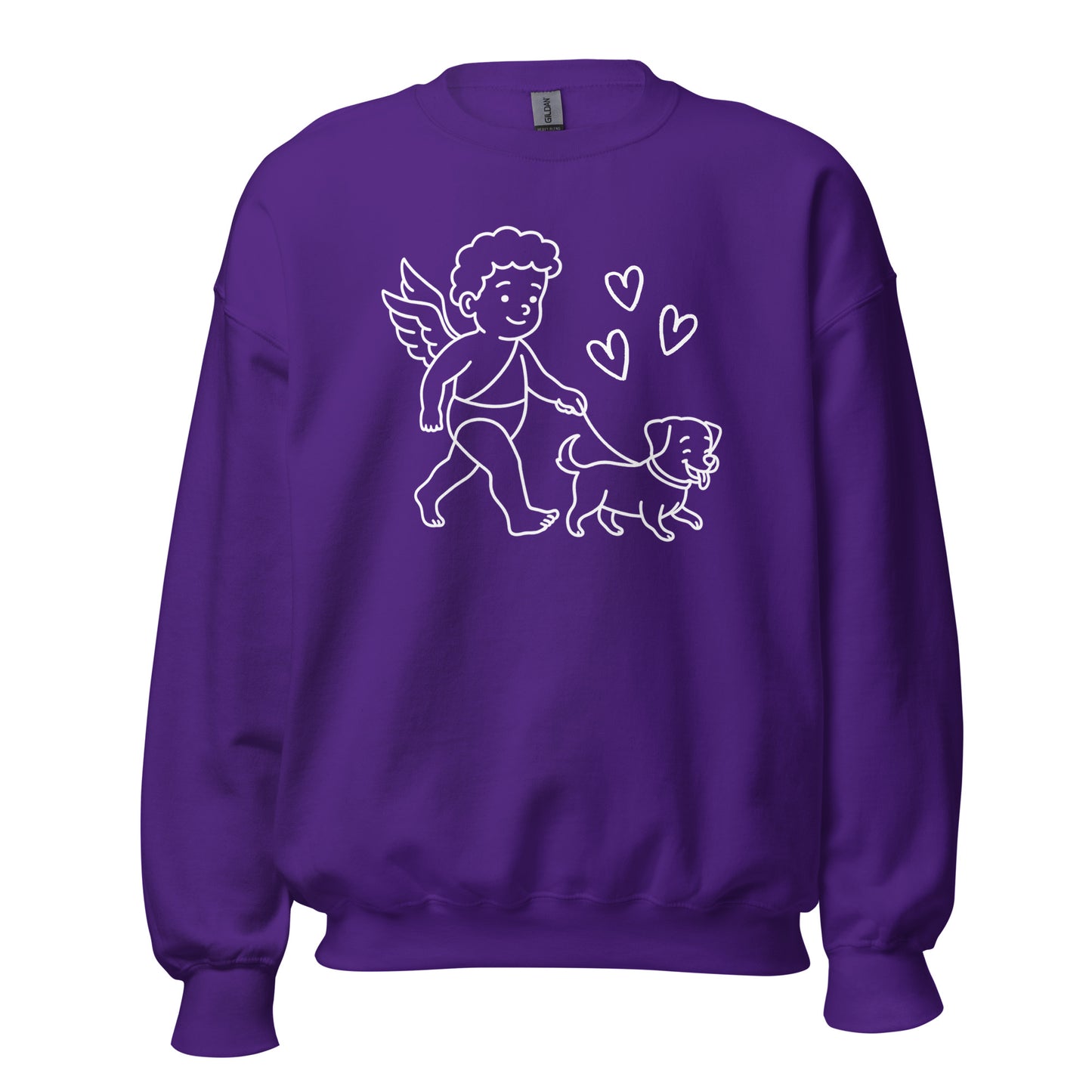 Purple sweatshirt with a white graphic of a cupid walking a dog – Boozie Adams