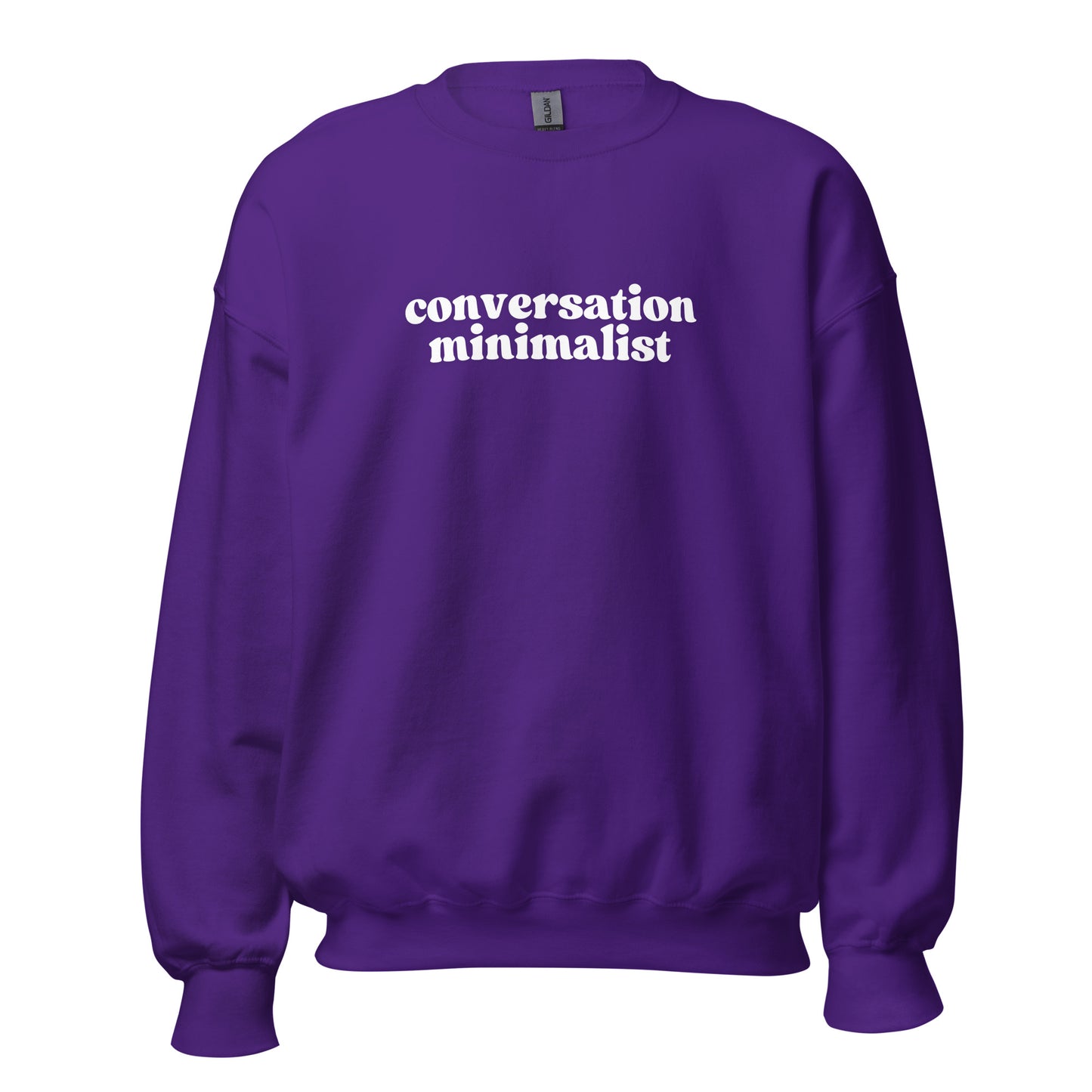 Purple unisex sweatshirt with 'conversation minimalist' text – Boozie Adams