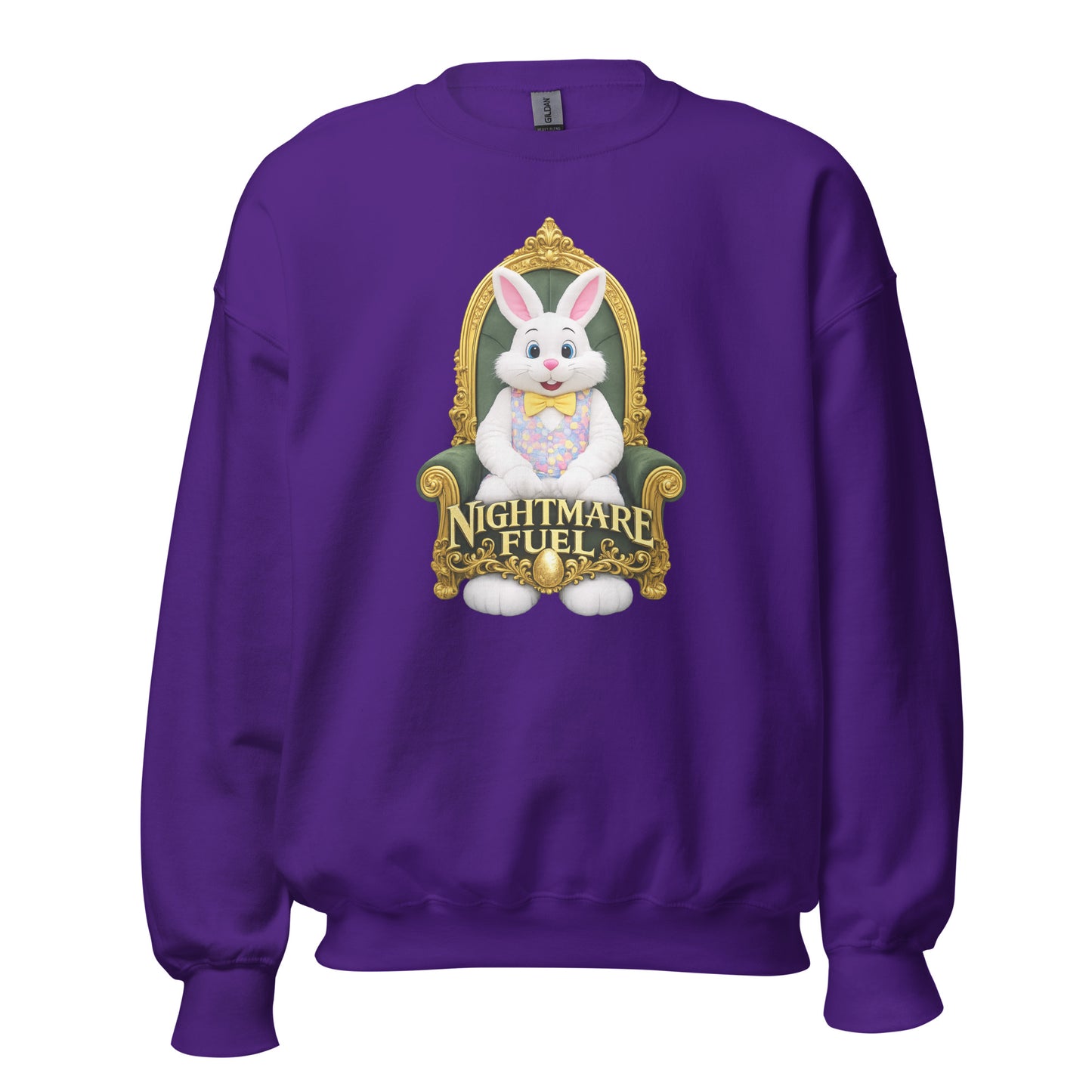 Purple unisex sweatshirt with a bunny sitting on a chair graphic with 'nightmare fuel' text – Boozie Adams