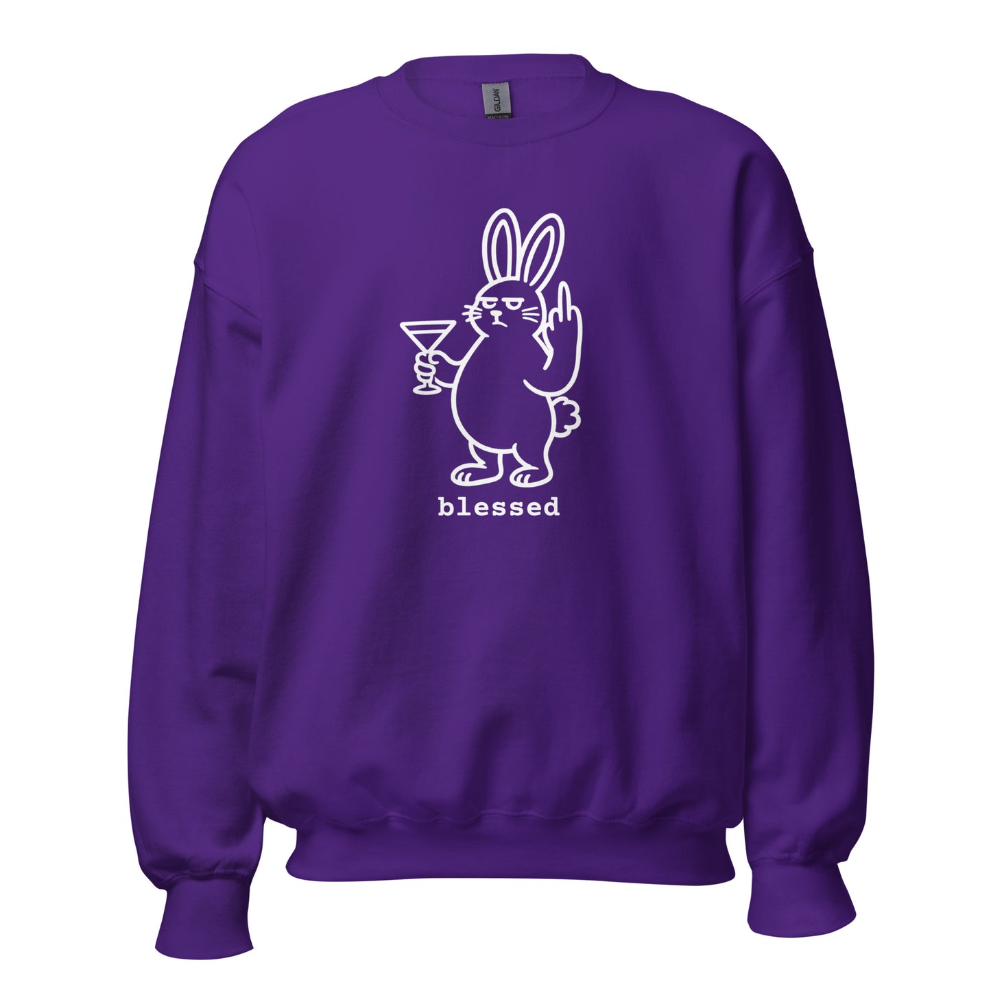 Purple unisex sweatshirt with a white graphic of a rabbit holding a martini glass and the word 'blessed' – Boozie Adams
