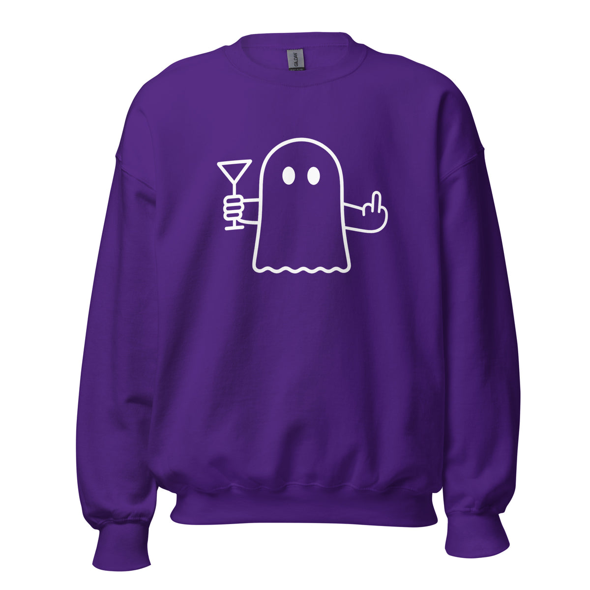 Purple unisex sweatshirt with graphic of a ghost holding a martini and flipping the bird – Boozie Adams