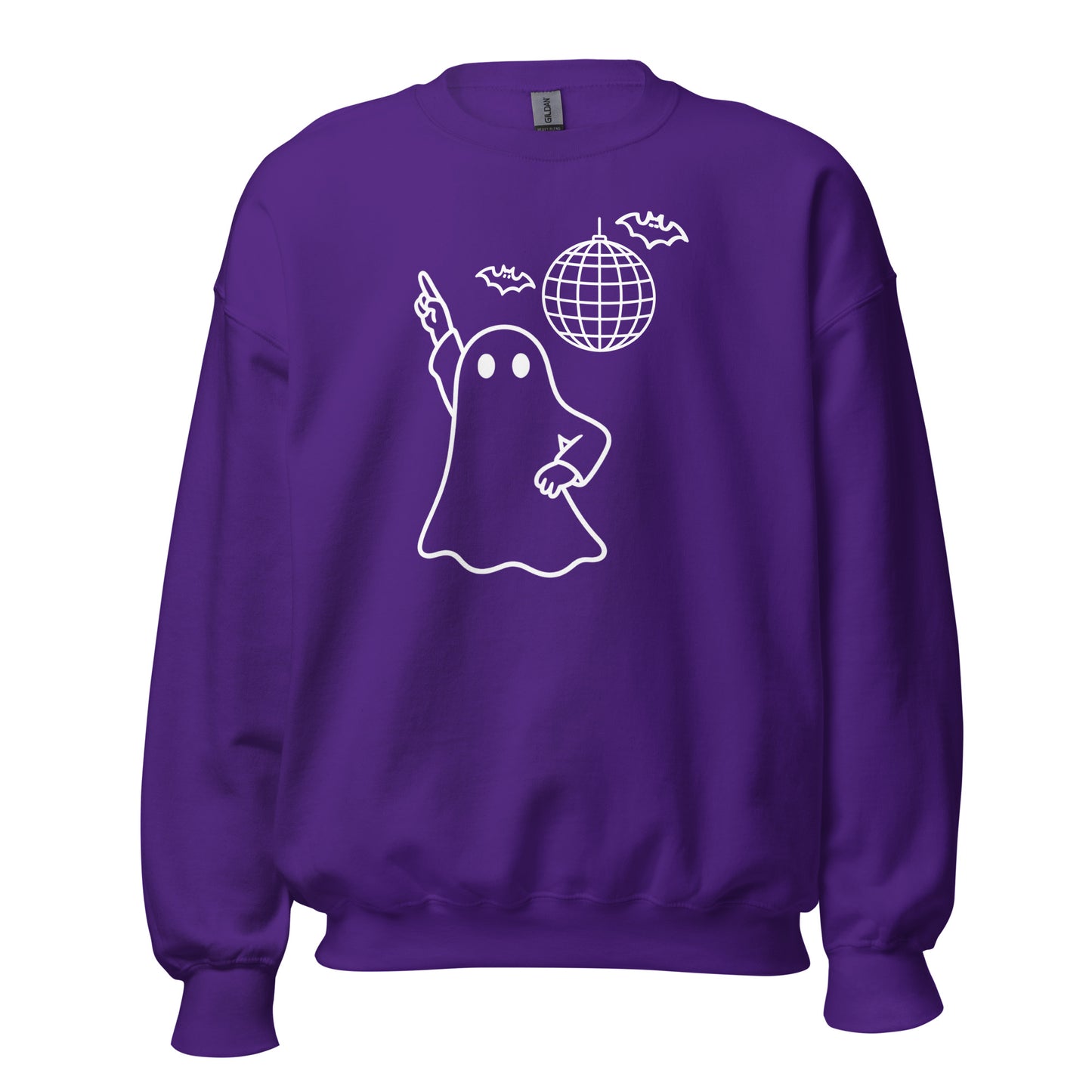 Purple unisex sweatshirt with a white graphic of a ghost and disco ball – Boozie Adams