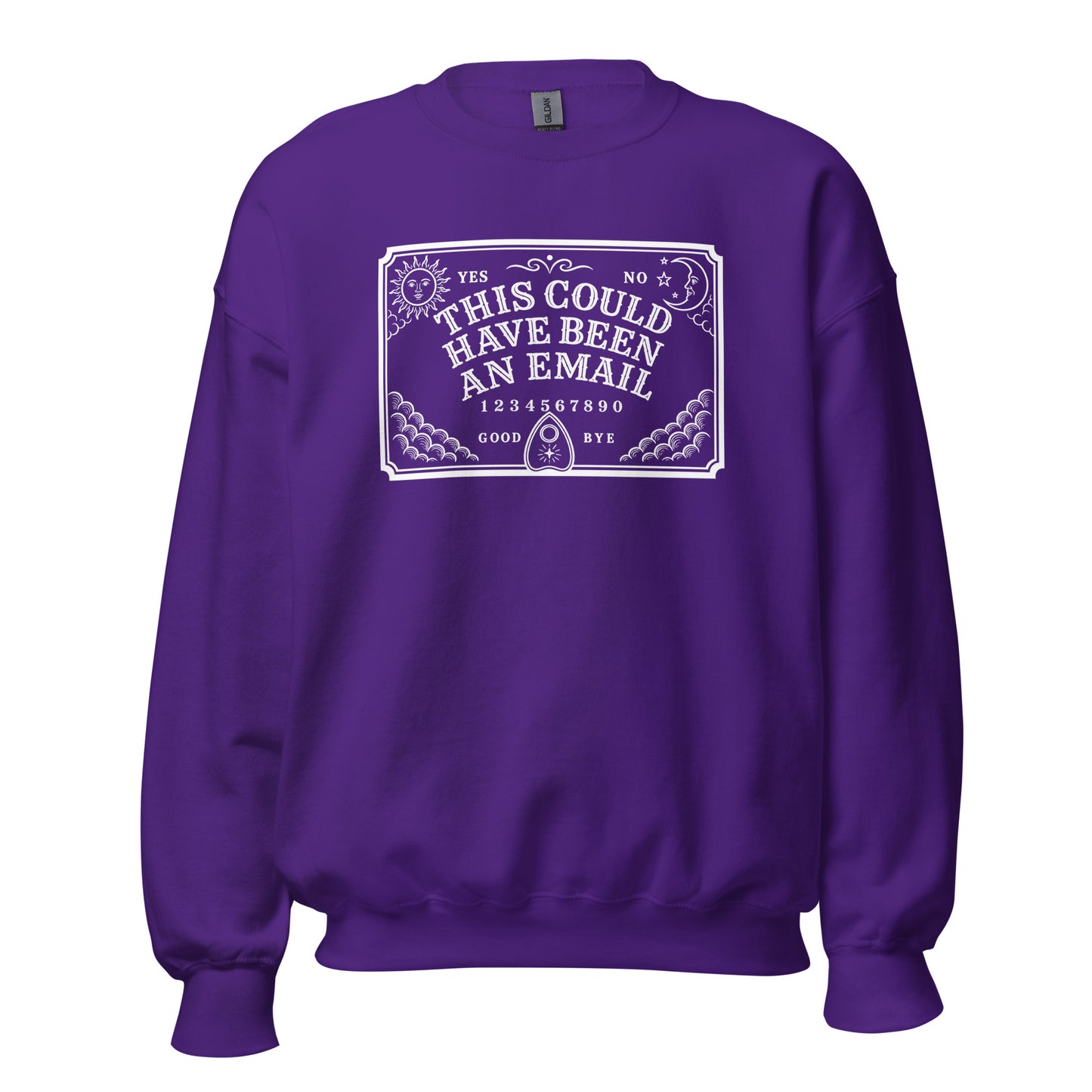 Purple unisex sweatshirt with graphic of spirit board and text 'This could have been an email' – Boozie Adams