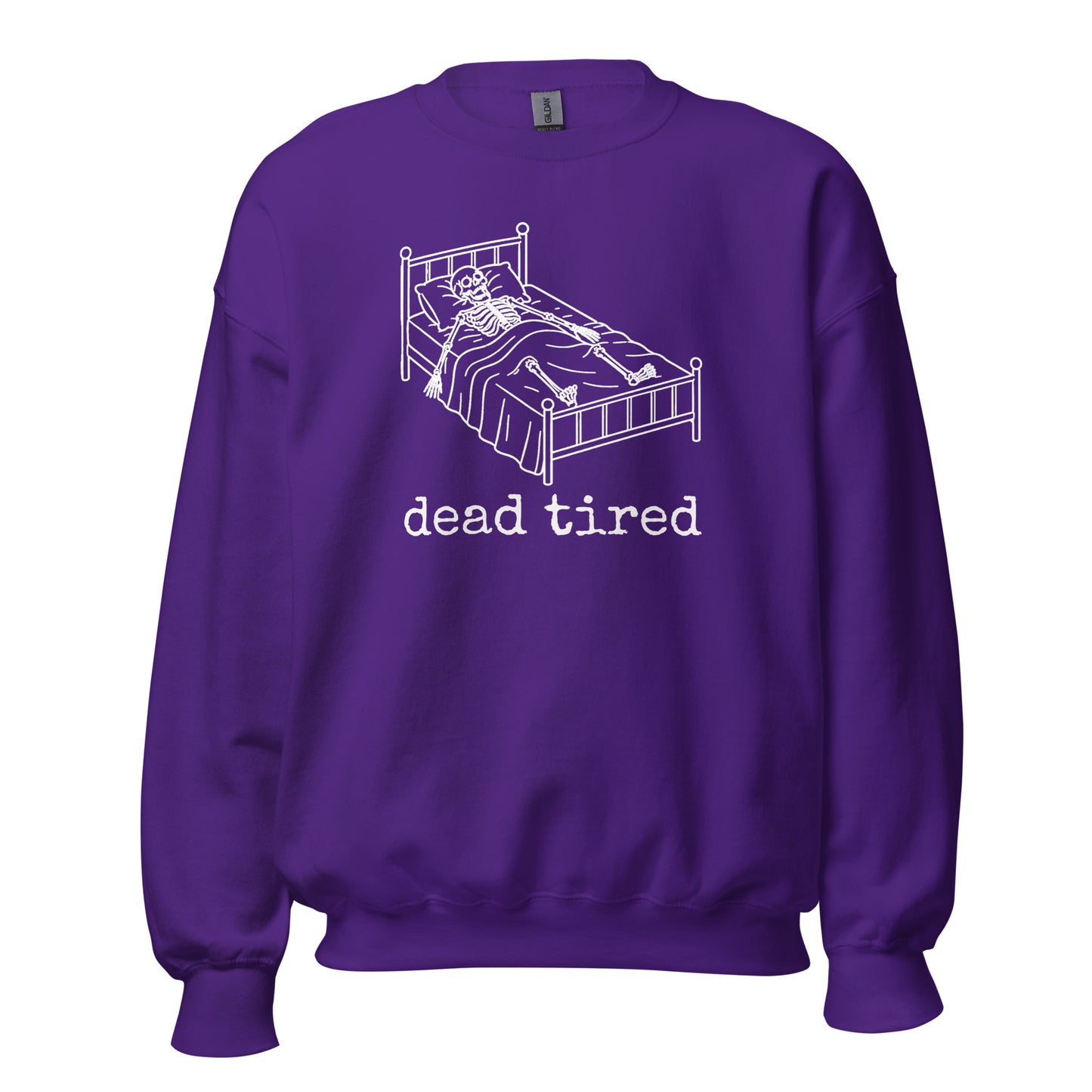Purple unisex sweatshirt with graphic of skeleton laying in bed and text 'dead tired' – Boozie Adams