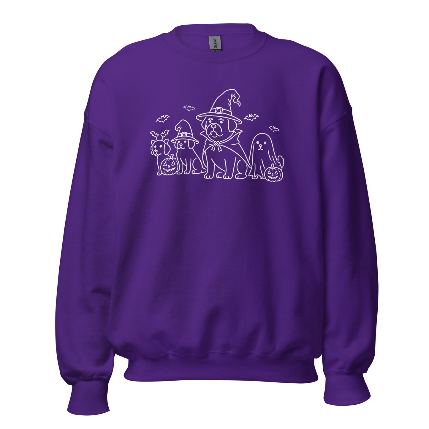 Purple unisex sweatshirt with white graphic of dogs in halloween costumes – Boozie Adams