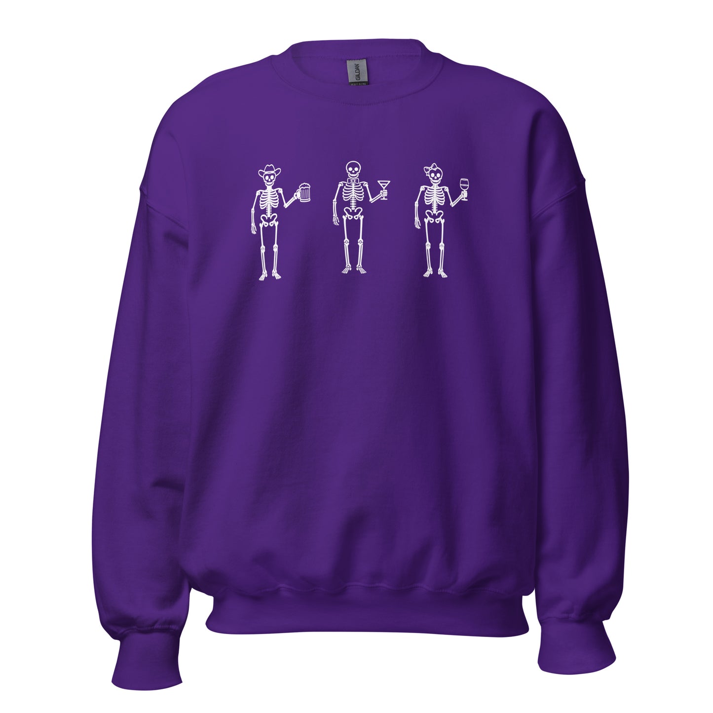 Purple unisex sweatshirt with 3 skeletons each holding a beer, martini and wine glass – Boozie Adams