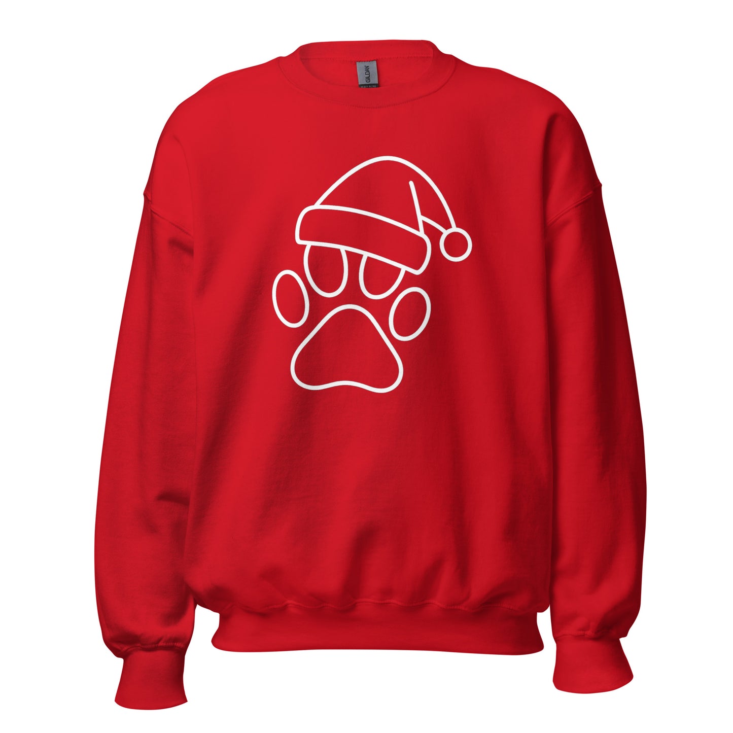 Red sweatshirt with a white paw print and Santa hat design in white – Boozie Adams