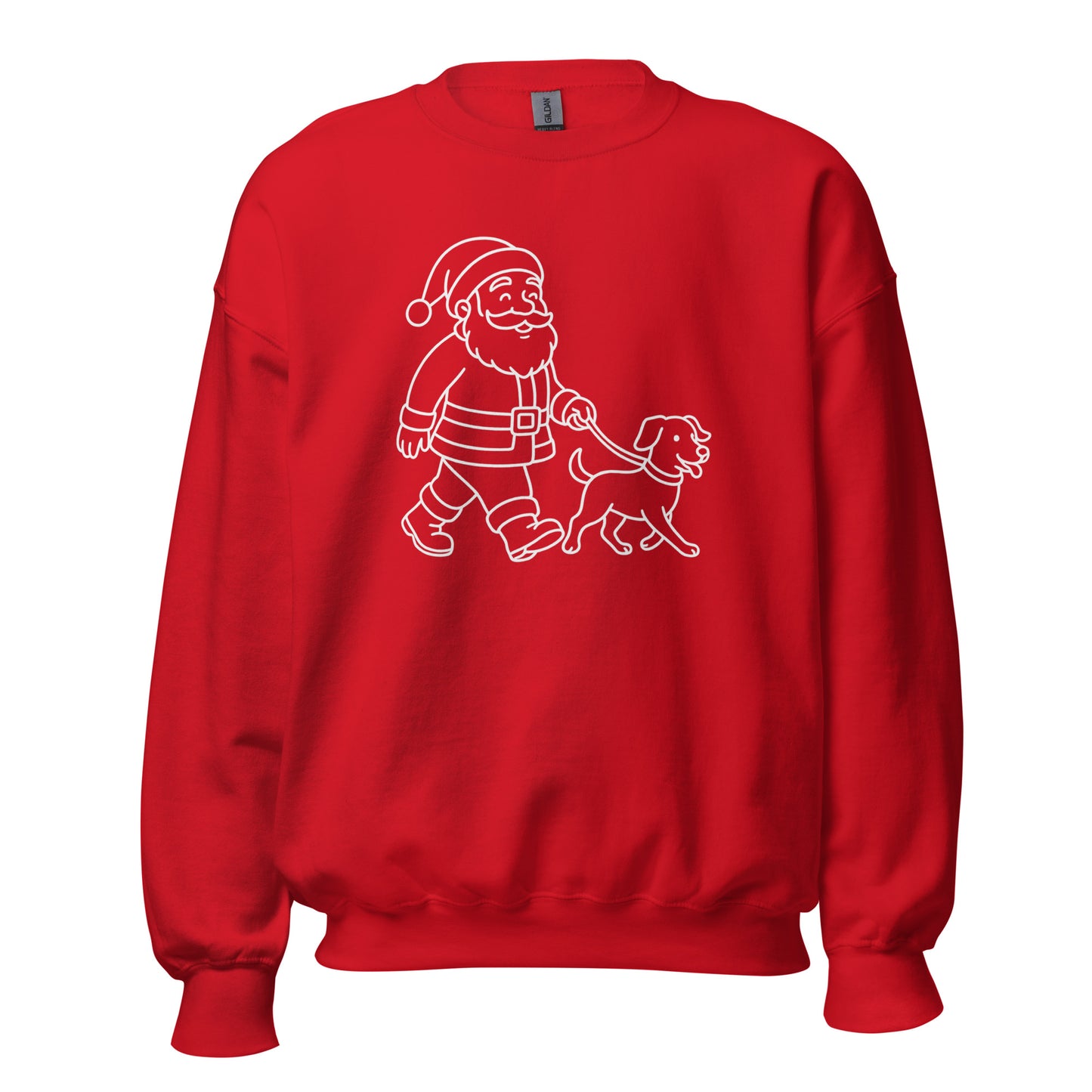 Red sweatshirt with white Santa walking dog design – Boozie Adams