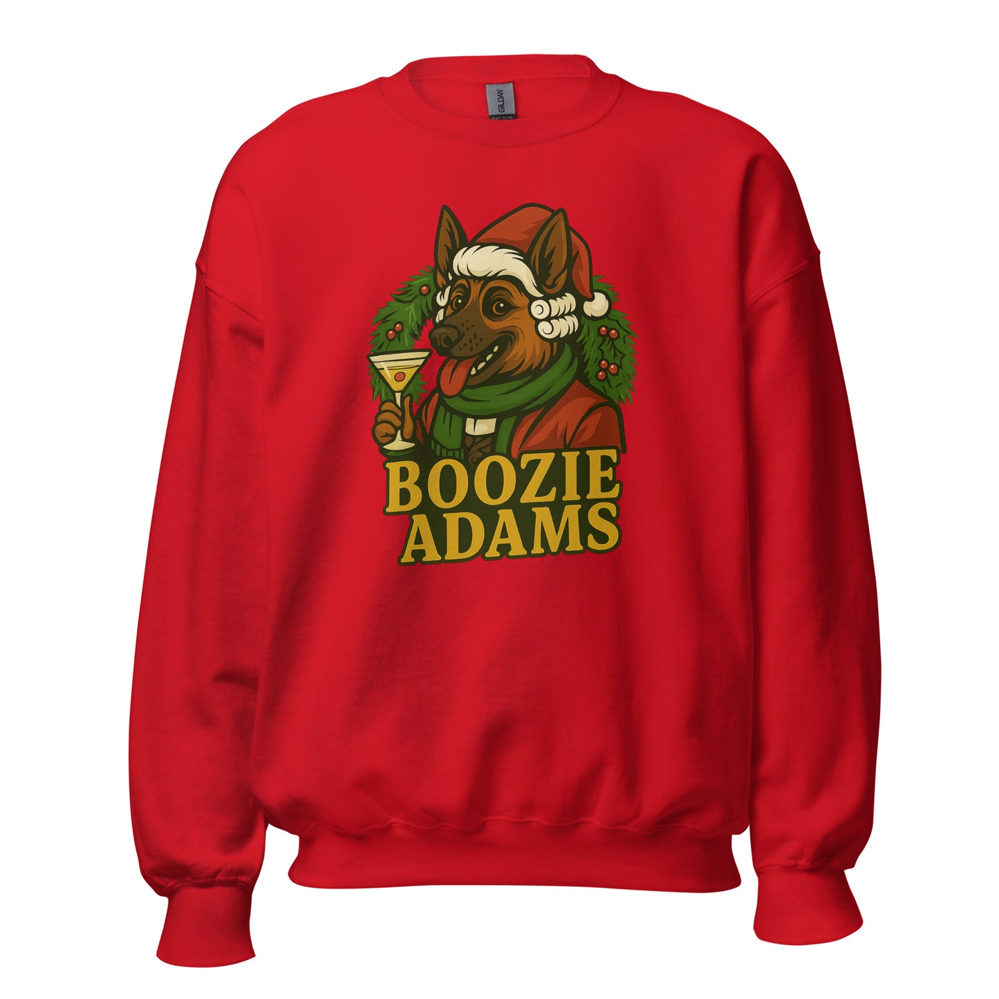 Red sweatshirt with Boozie Adams wearing a Santa hat and 'Boozie Adams' text – Boozie Adams