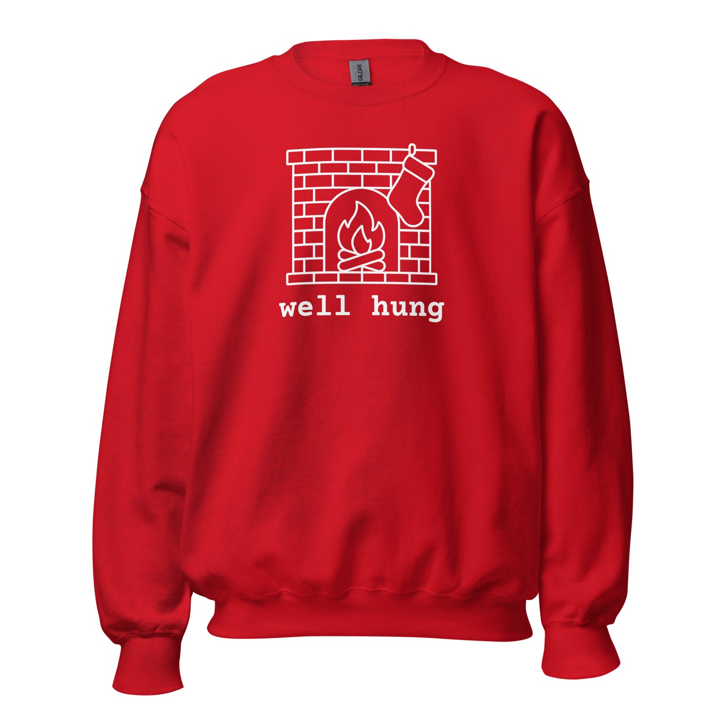 Red sweatshirt with a stocking hanging from a fireplace graphic and 'well hung' text – Boozie Adams