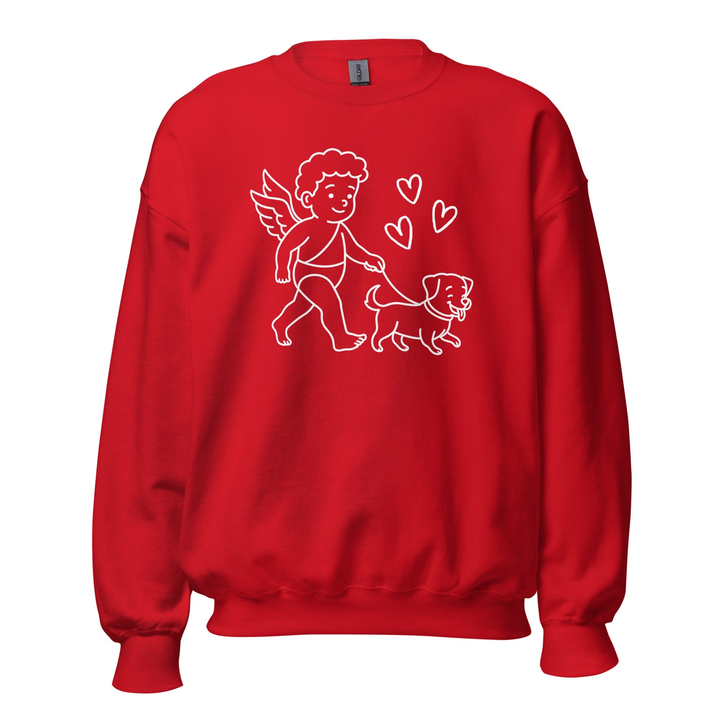 Red sweatshirt with a white graphic of a cupid walking a dog – Boozie Adams