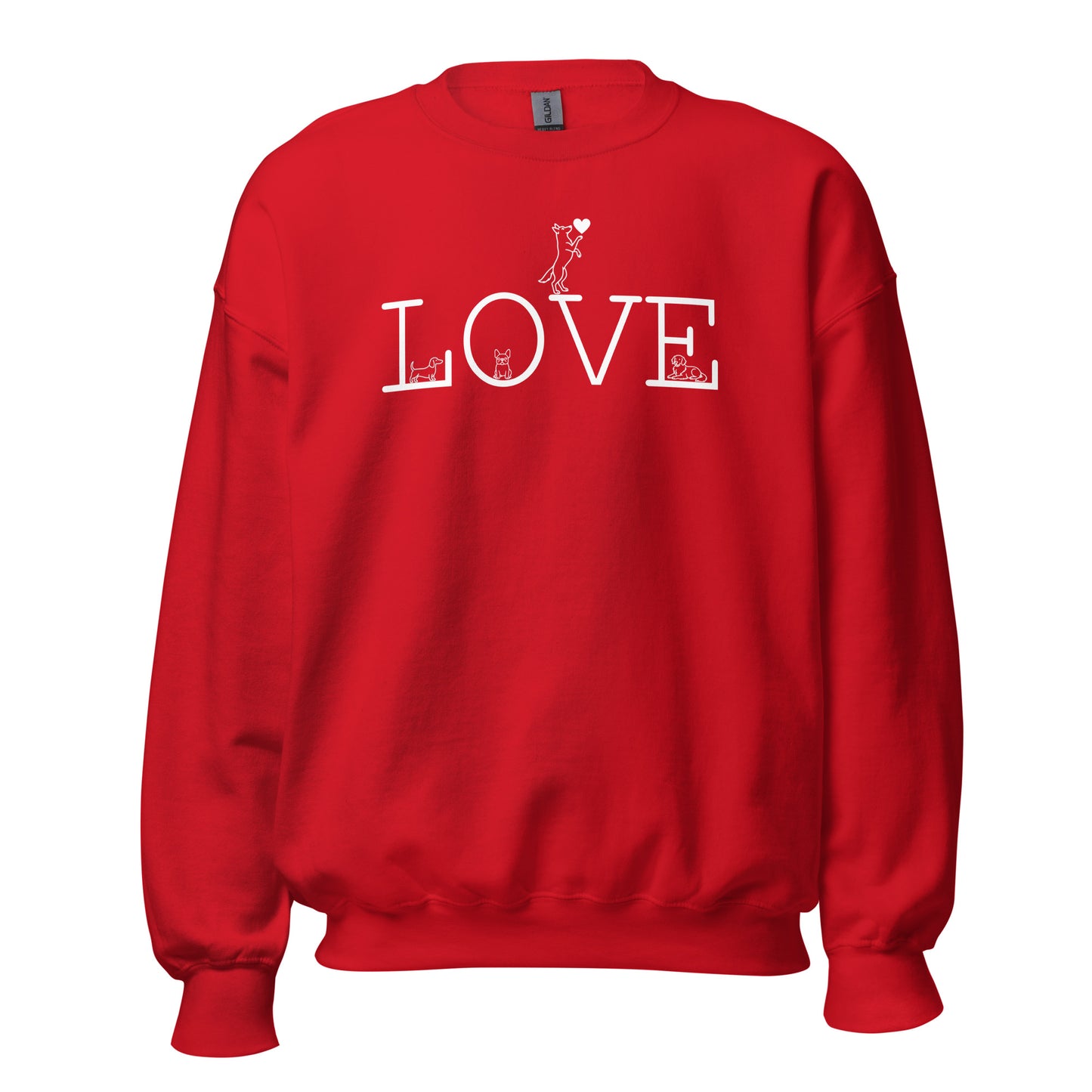 Red sweatshirt with 'LOVE' printed on it with dogs – Boozie Adams