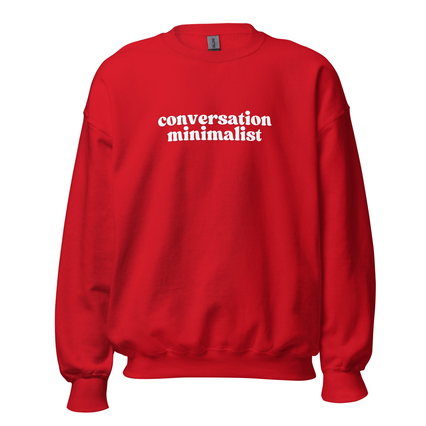 Red unisex sweatshirt with 'conversation minimalist' text – Boozie Adams