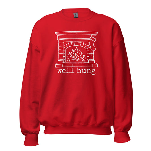 Red unisex sweatshirt with image of stocking hanging from fireplace and text 'well hung' – Boozie Adams