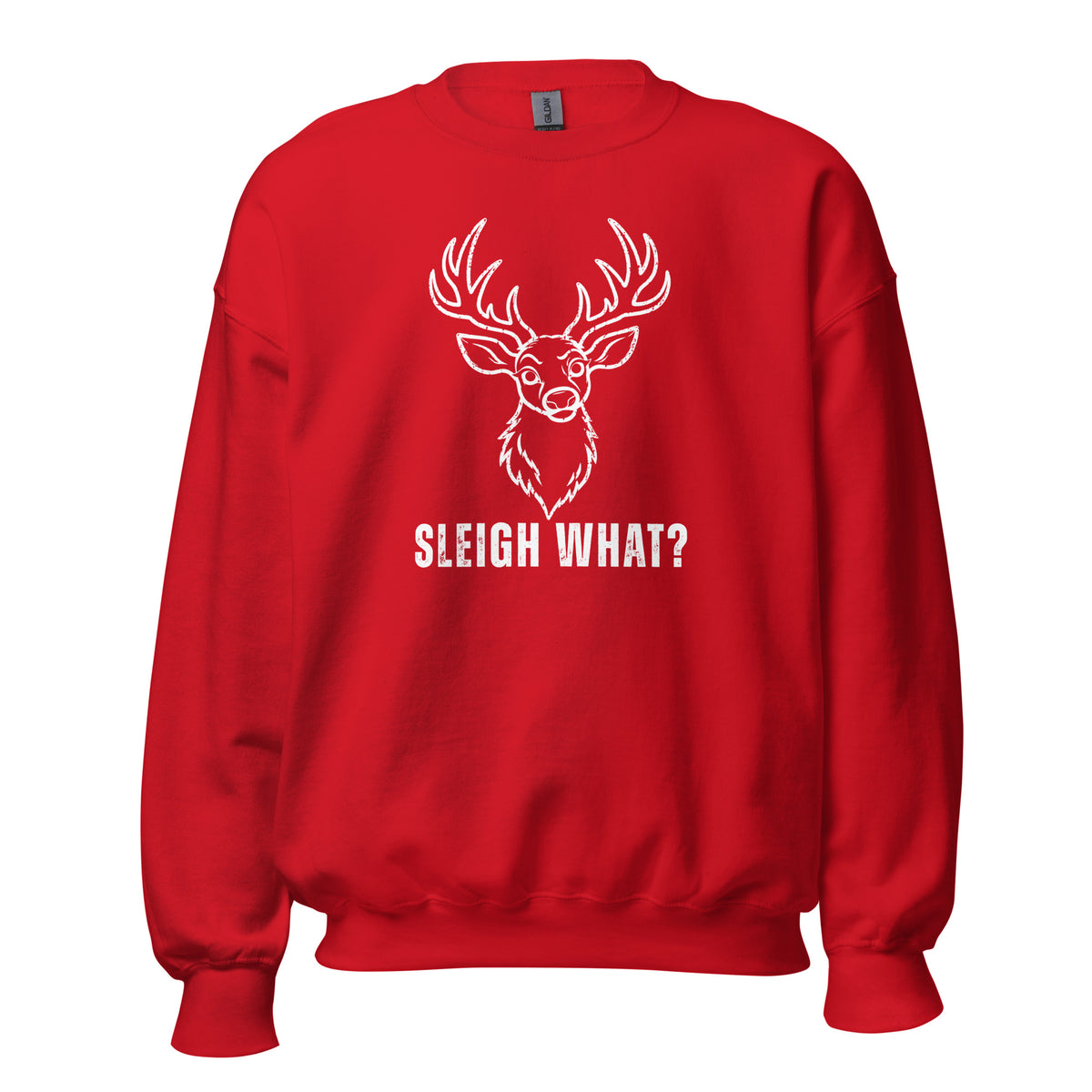 Red unisex sweatshirt with reindeer graphic and text 'Sleigh What?' – Boozie Adams