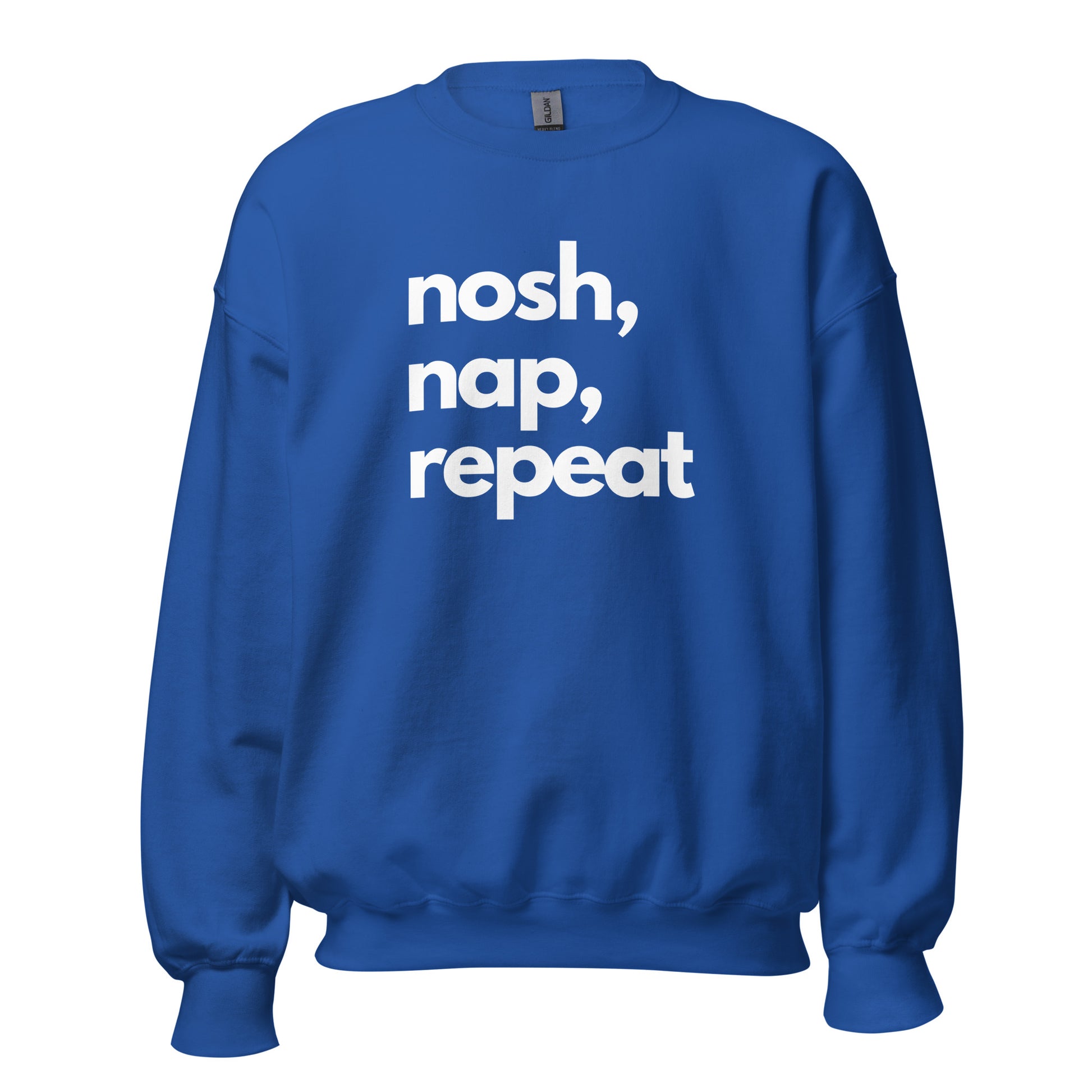 Blue sweatshirt with 'nosh, nap, repeat' text in a white – Boozie Adams