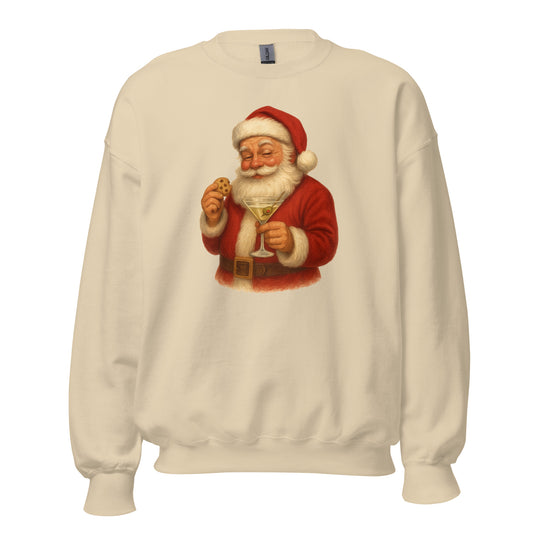 Beige sweatshirt with a graphic of Santa Claus holding a martini glass and cookie – Boozie Adams