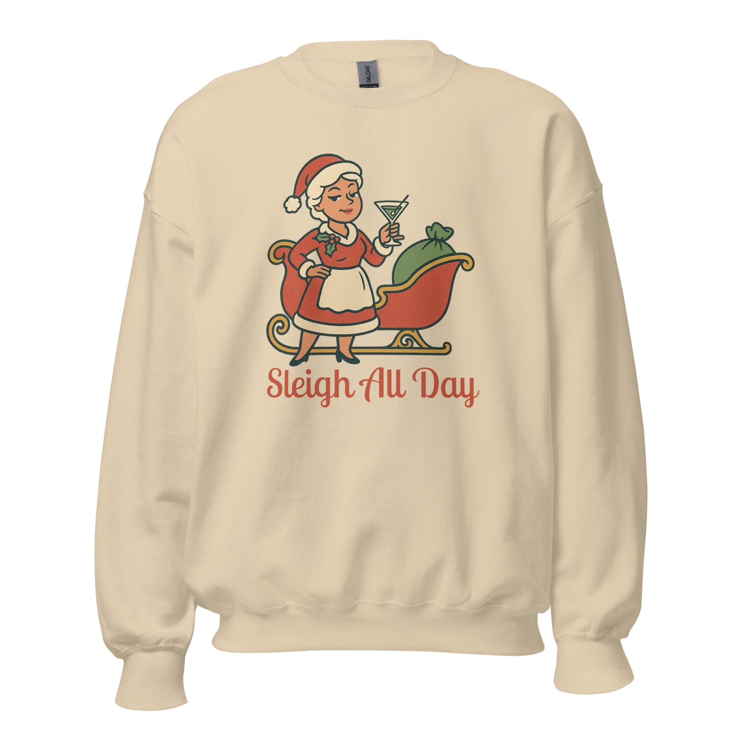 Sand sweatshirt with a Mrs Claus and sleigh graphic and text 'Sleigh All Day' in red – Boozie Adams