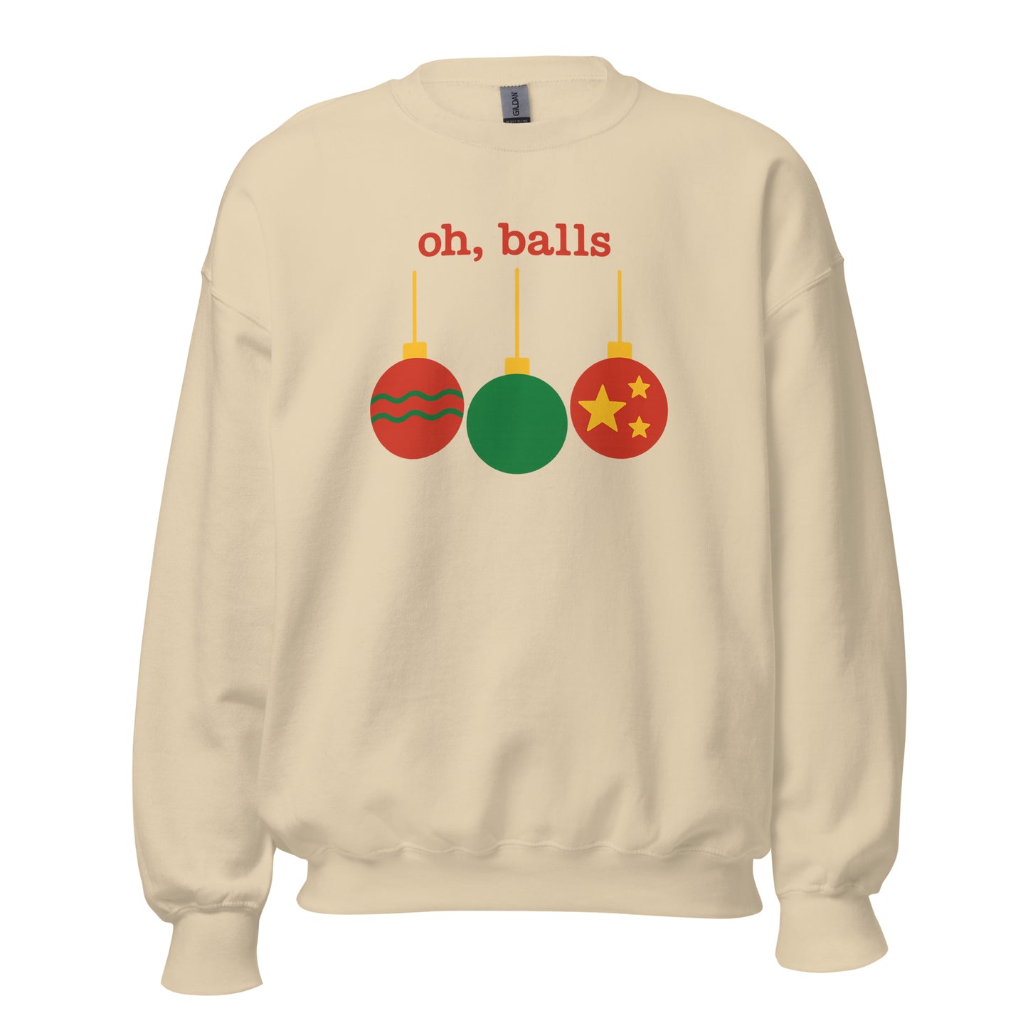 Sand sweatshirt with Christmas ornament design and text 'oh, balls' in red – Boozie Adams