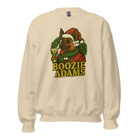 Sand sweatshirt with Boozie Adams wearing a Santa hat and 'Boozie Adams' text – Boozie Adams