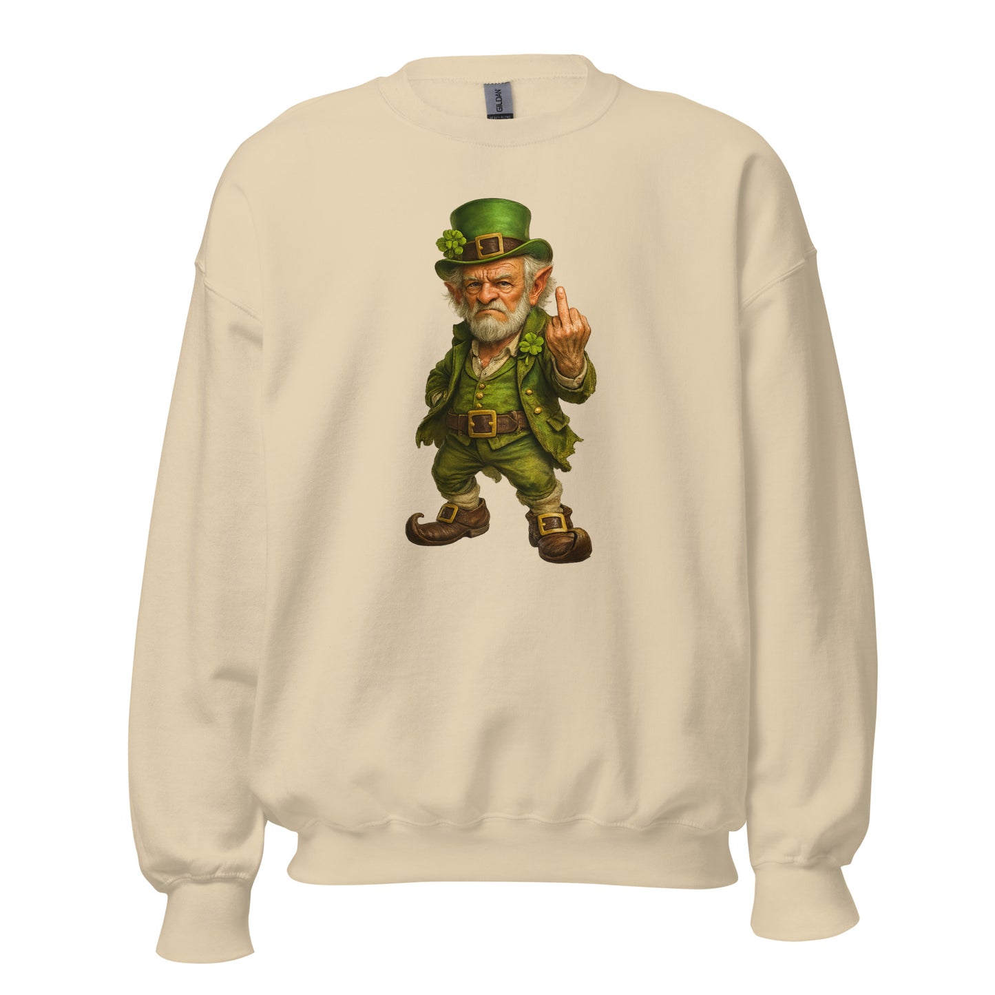 Sand unisex sweatshirt with a graphic of a leprechaun giving a middle finger – Boozie Adams